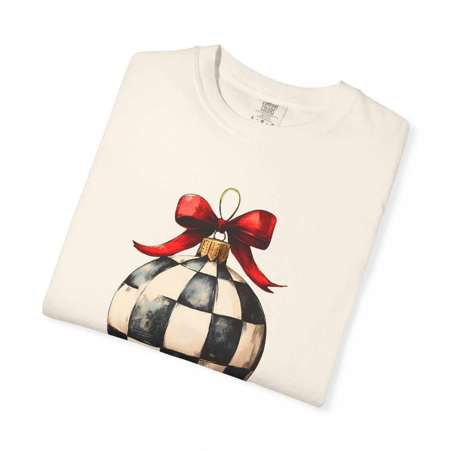 Checkerboard Ornament T-Shirt — Holiday Ball with Red Bow