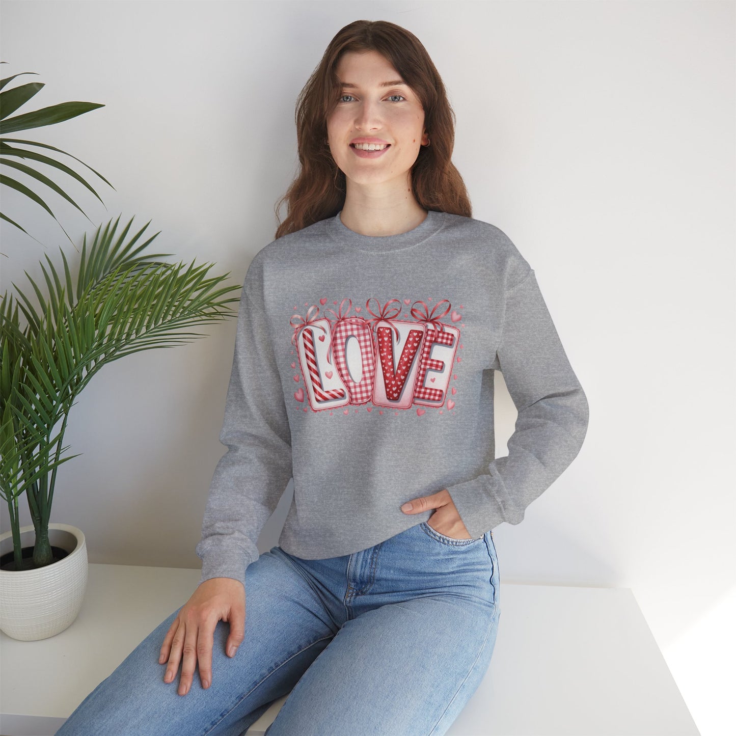 Valentine LOVE Sweatshirt with Coquette Bows and Patchwork Letters • Girly Romantic Aesthetic
