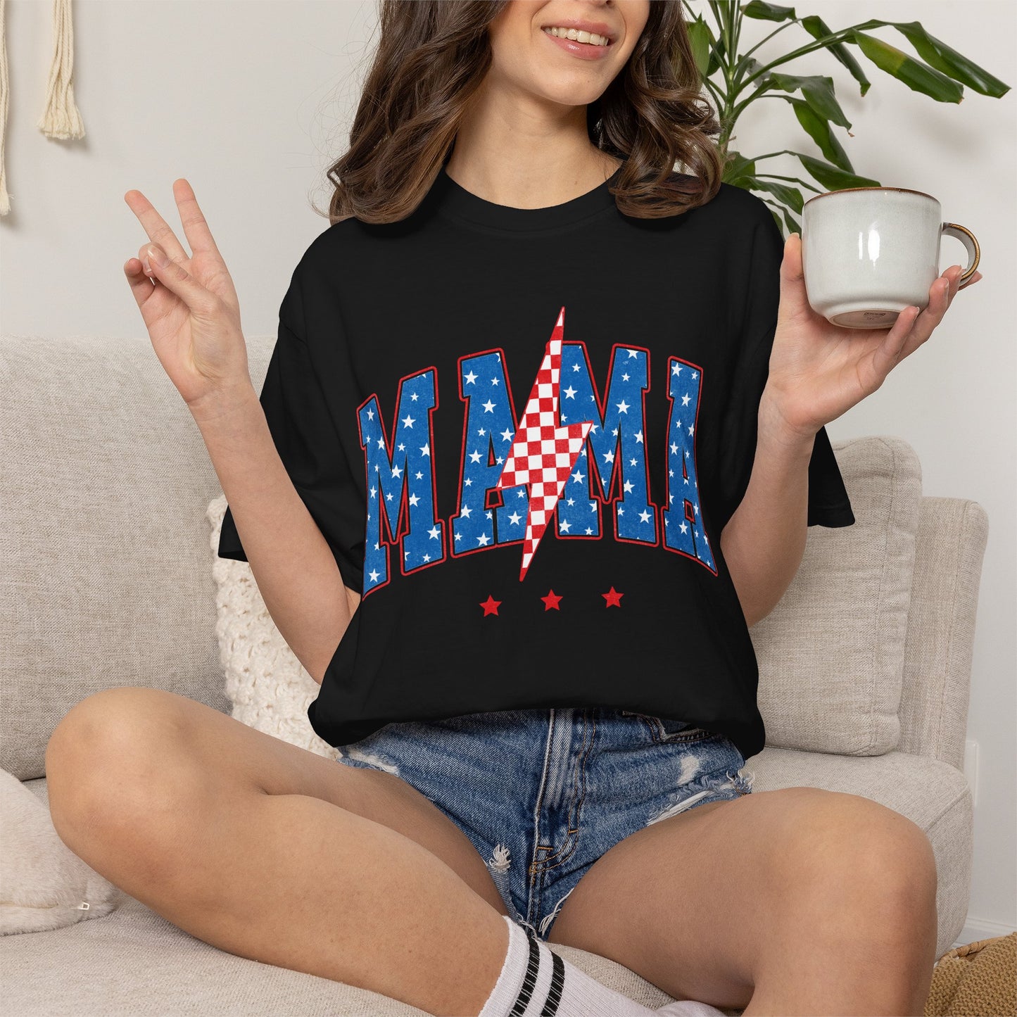 Patriotic MAMA Shirt • Lightning Bolt Mama Tee • Red White Blue Americana Graphic