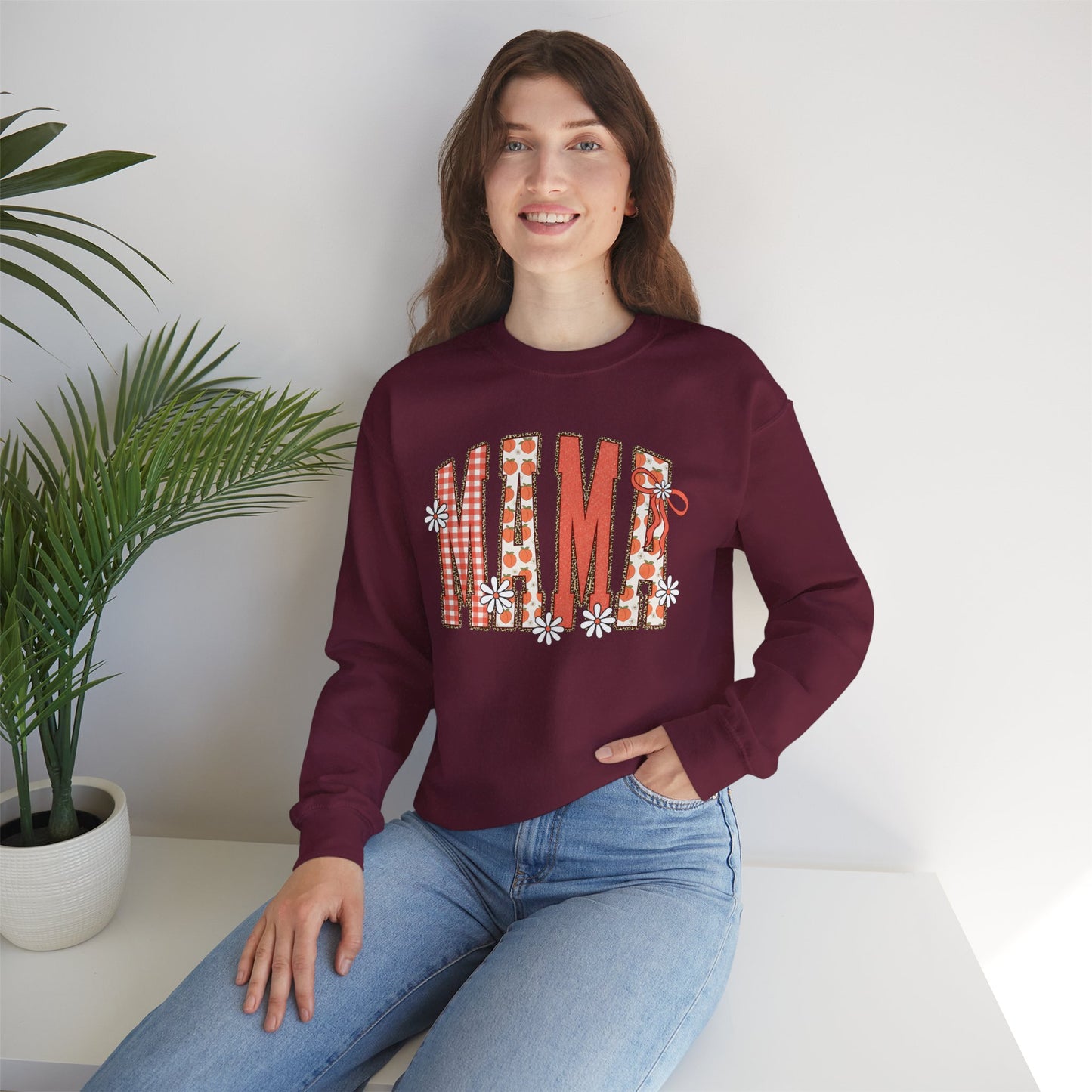 Daisy Peach MAMA Floral Sweatshirt • Spring Graphic Crew • Peach Gingham Mom pullover • Feminine Boutique Everyday Outfit