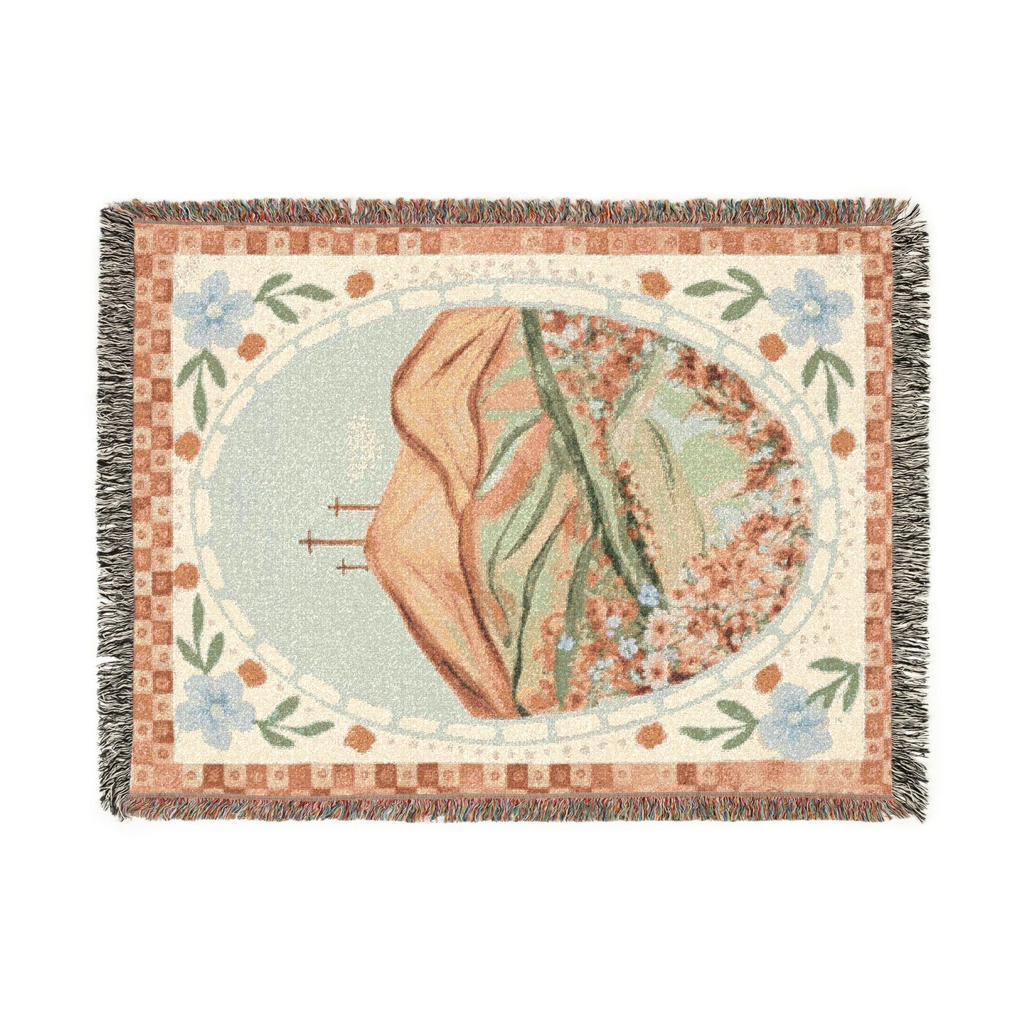 Spring Floral Cross Woven Blanket — Easter Landscape Cross & Floral Throw