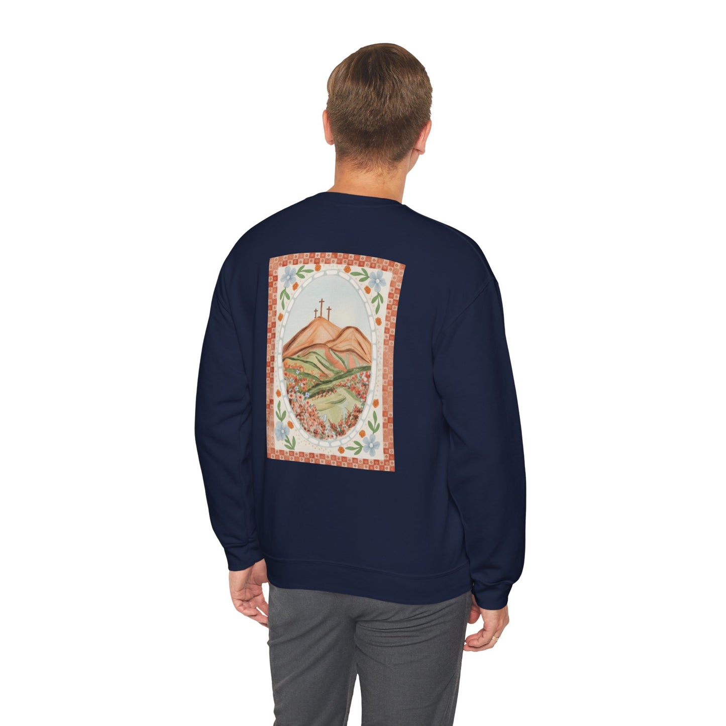 Easter Landscape Faith Sweatshirt (Front & Back) • Christian Mountain Cross Crewneck • Floral Resurrection Scene Graphic