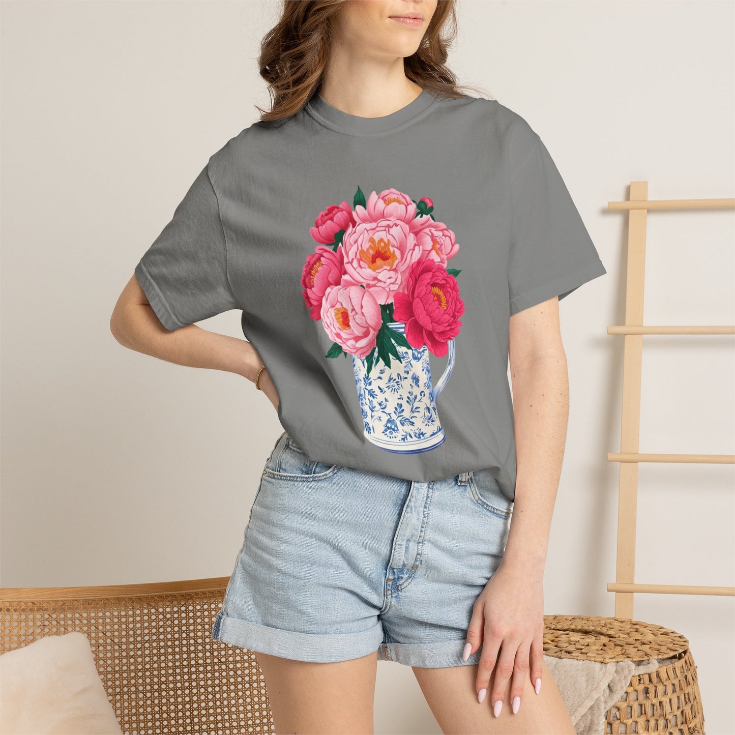 Peony Bouquet T-Shirt — Pink Peony in Vintage White & Blue Floral Vase