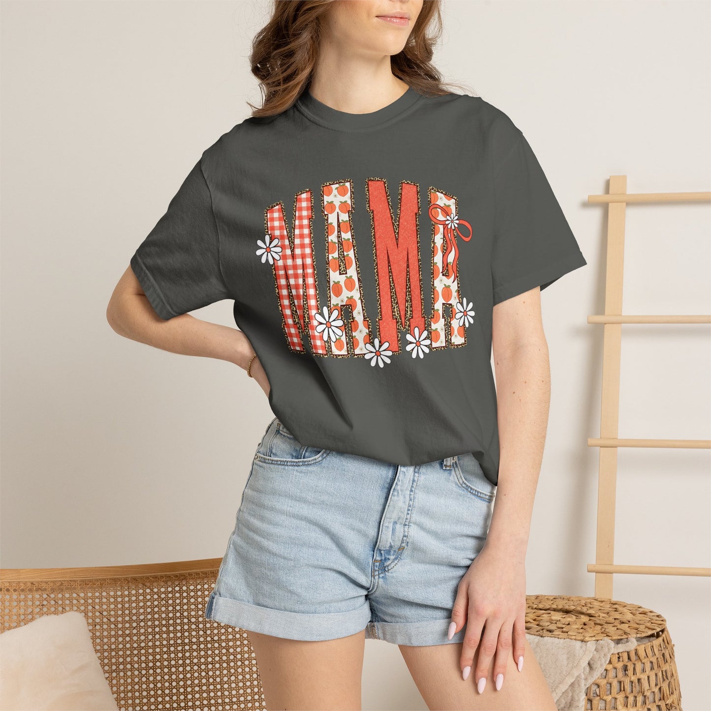 Daisy Peach MAMA Floral Shirt • Spring Graphic Tee • Peach Gingham Mom Shirt • Feminine Boutique Everyday Outfit