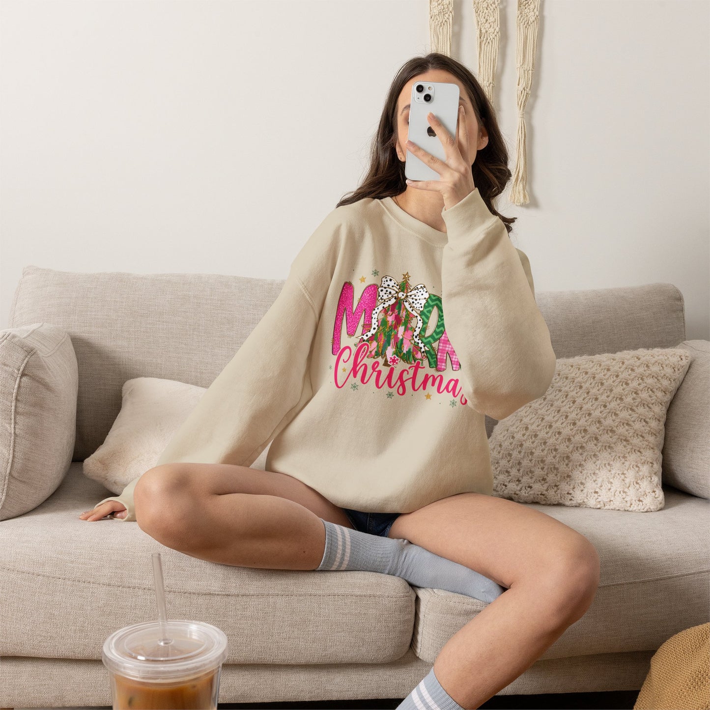Christmas Crewneck Sweatshirt — 'Merry Christmas' Pink & Green Tree Design