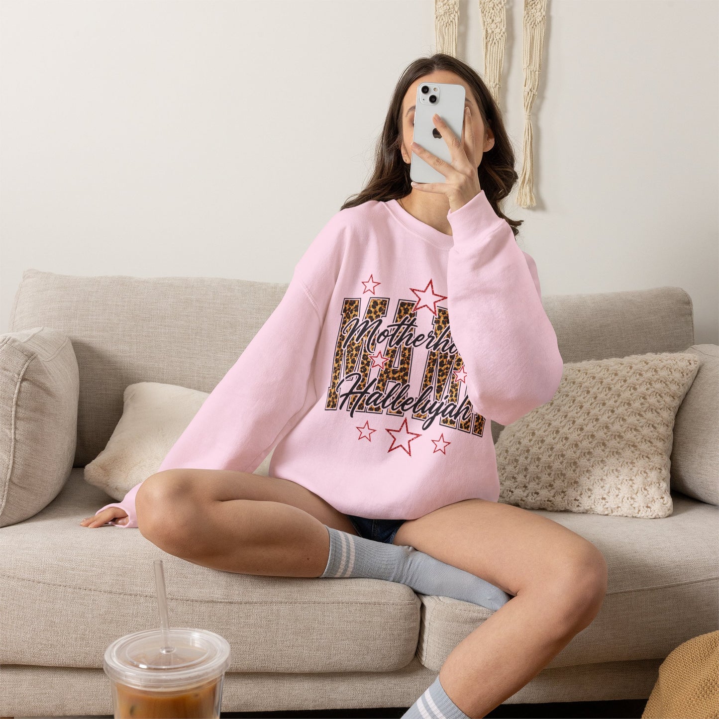 Motherhood Hallelujah Crewneck Sweatshirt — Leopard Flag Graphic