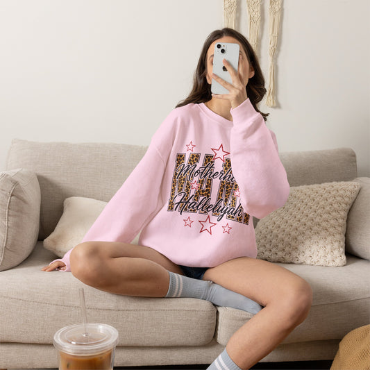 Motherhood Hallelujah Crewneck Sweatshirt — Leopard Flag Graphic