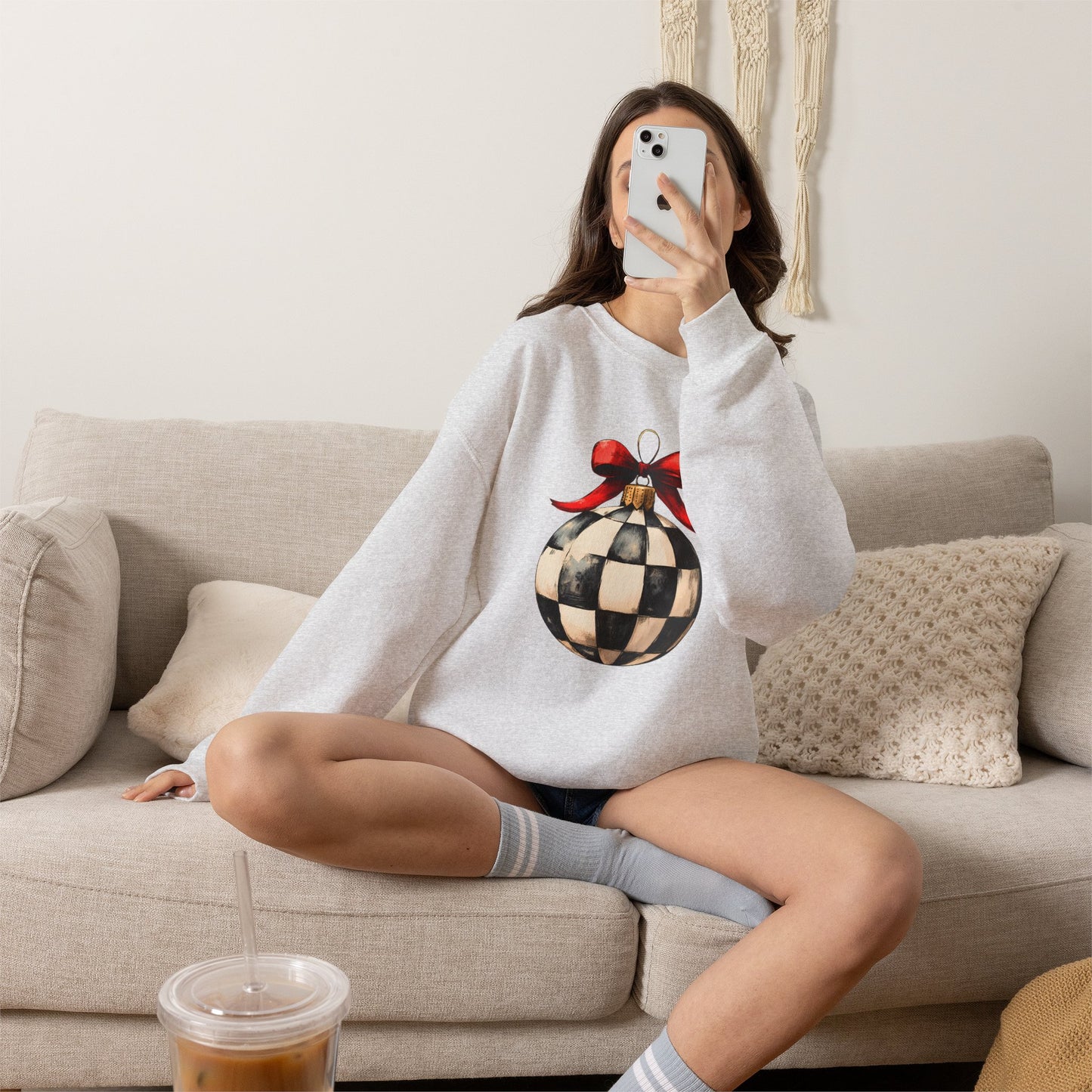 Checkerboard Ornament Crewneck Sweatshirt — Vintage Black & White Holiday Pullover