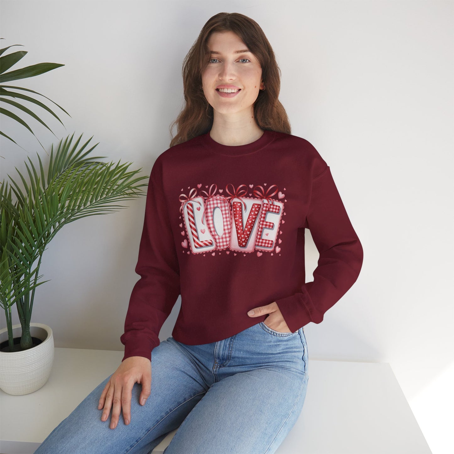 Valentine LOVE Sweatshirt with Coquette Bows and Patchwork Letters • Girly Romantic Aesthetic