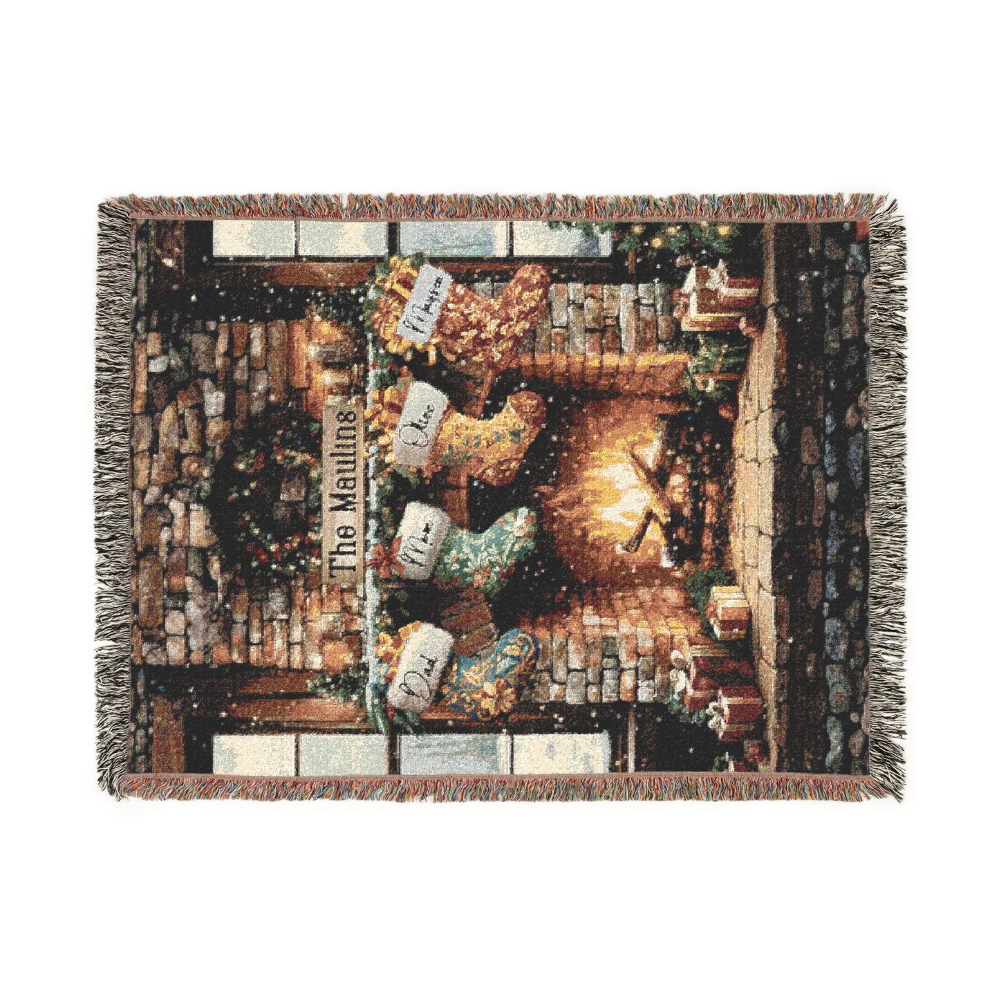 Custom Family Fireplace Christmas Woven Blanket