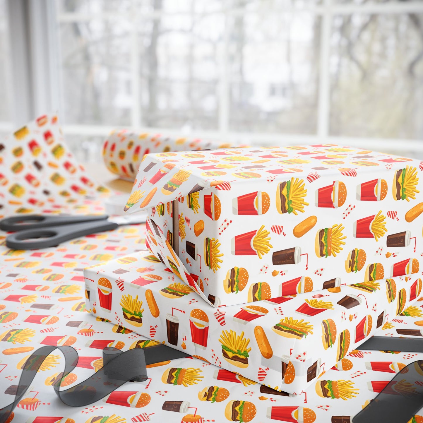 Fast Food Wrapping Paper | Retro Burger Fries Soda Pattern | Red Yellow Diner Print | Fun Gift Wrap for Food Lovers