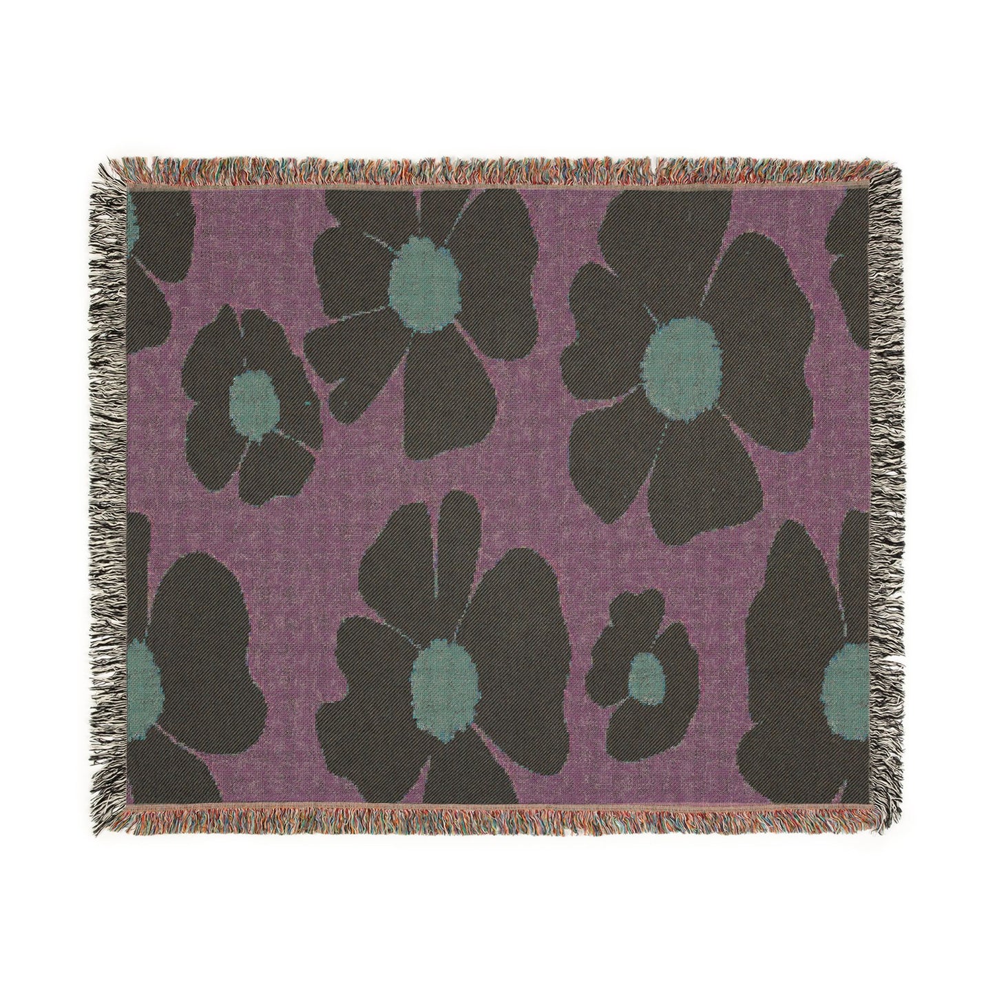 Vintage Retro Floral Woven Blanket — Pink Flowers on Green Background, Cozy Throw for Bedroom & Living Room