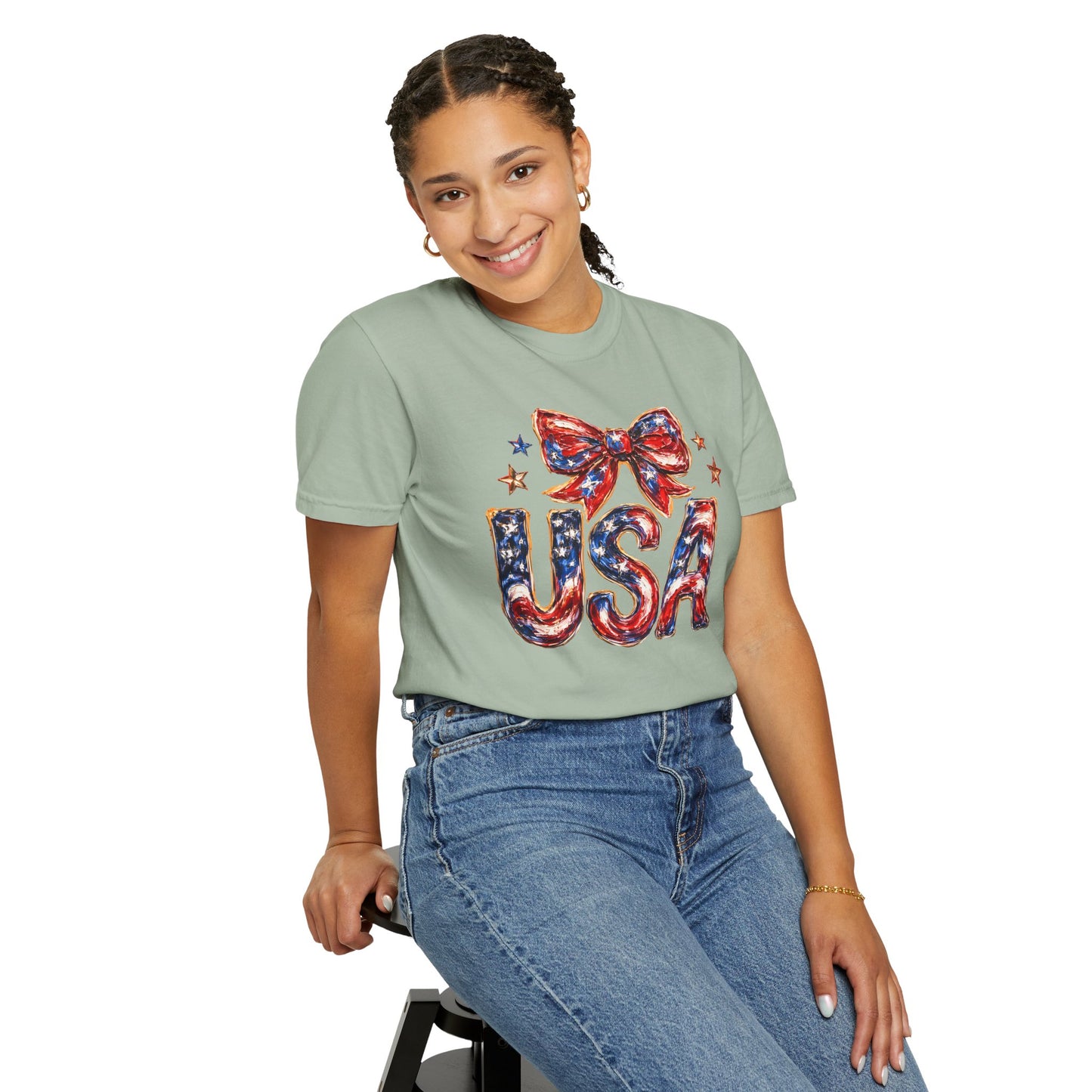 USA Coquette Bow T-Shirt • Red White Blue Patriotic Graphic Tee • Fourth of July Shirt
