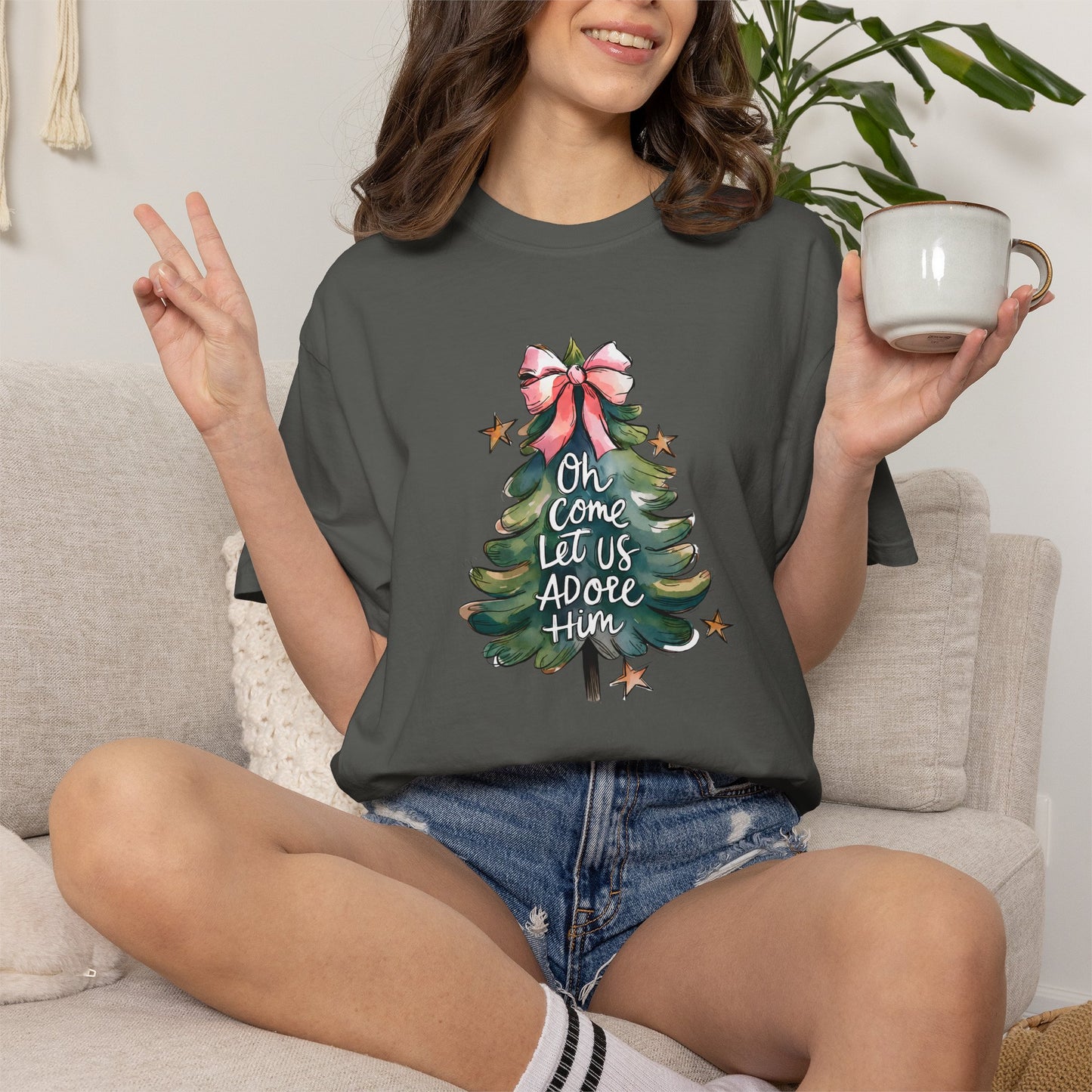 Christmas Tree T‑Shirt — "Oh Come Let Us Adore Him" Holiday Tee