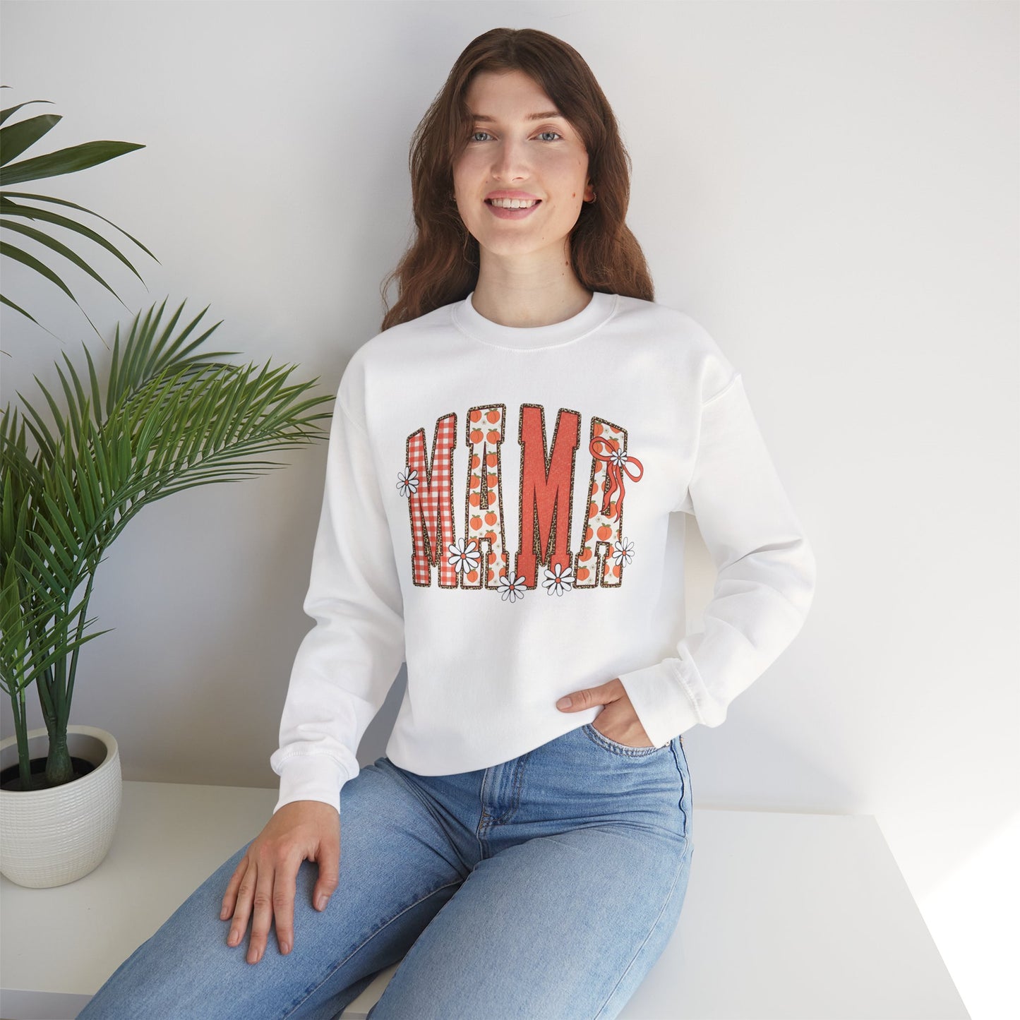 Daisy Peach MAMA Floral Sweatshirt • Spring Graphic Crew • Peach Gingham Mom pullover • Feminine Boutique Everyday Outfit