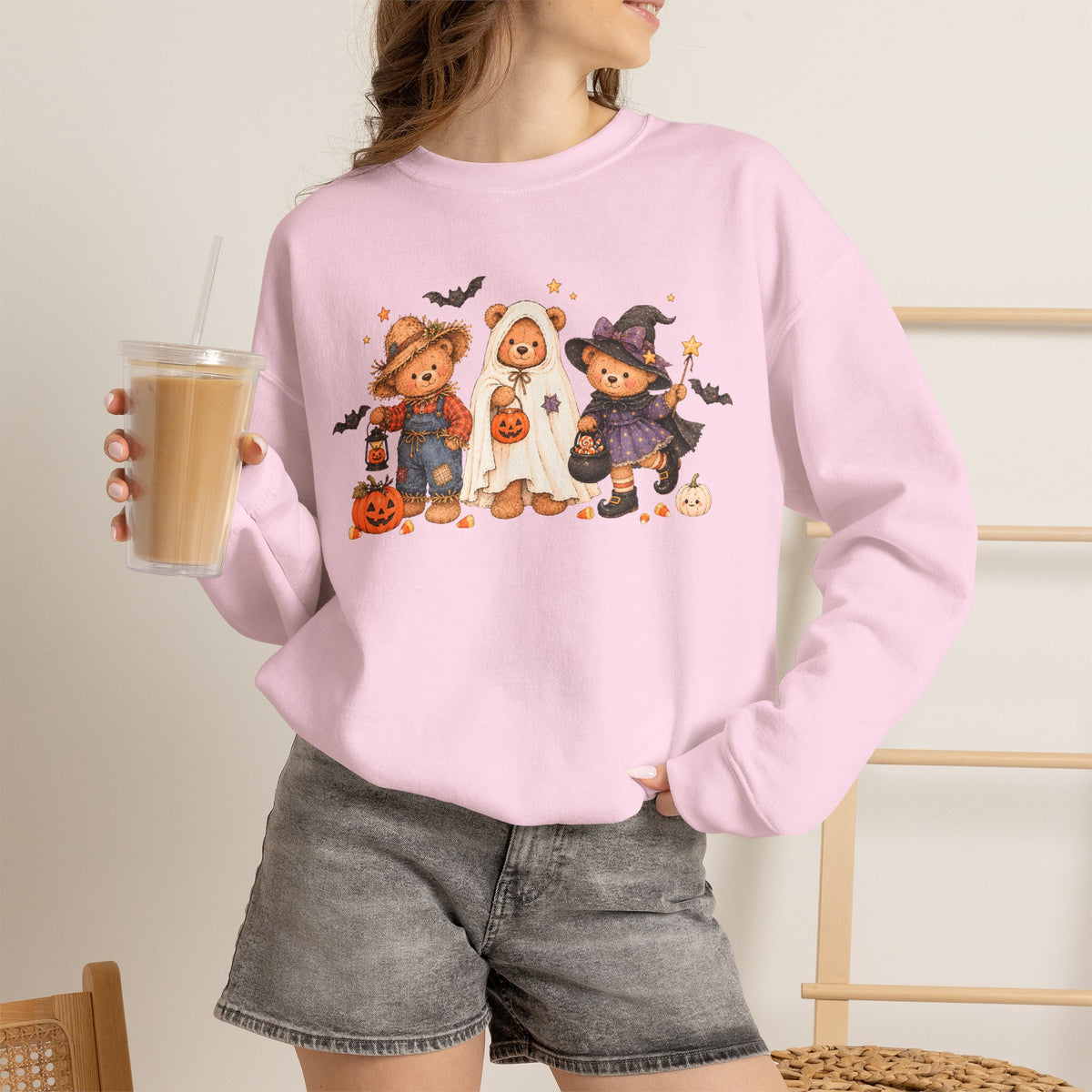 Halloween Teddy Bear Sweatshirt, Cute Trick or Treat Crewneck, Witch Ghost Scarecrow Bears, Spooky Season Fall Sweatshirt