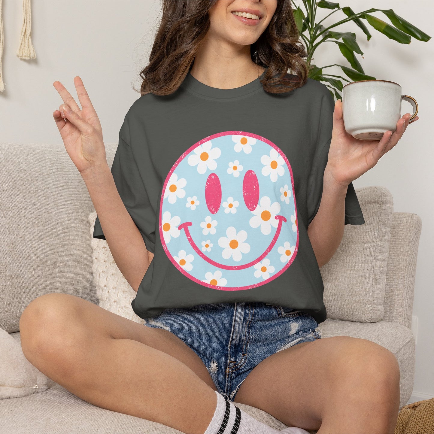 Pink Daisy Smiley Face Tee • Retro Floral Happy Face Shirt • Boutique Mama Graphic Tee