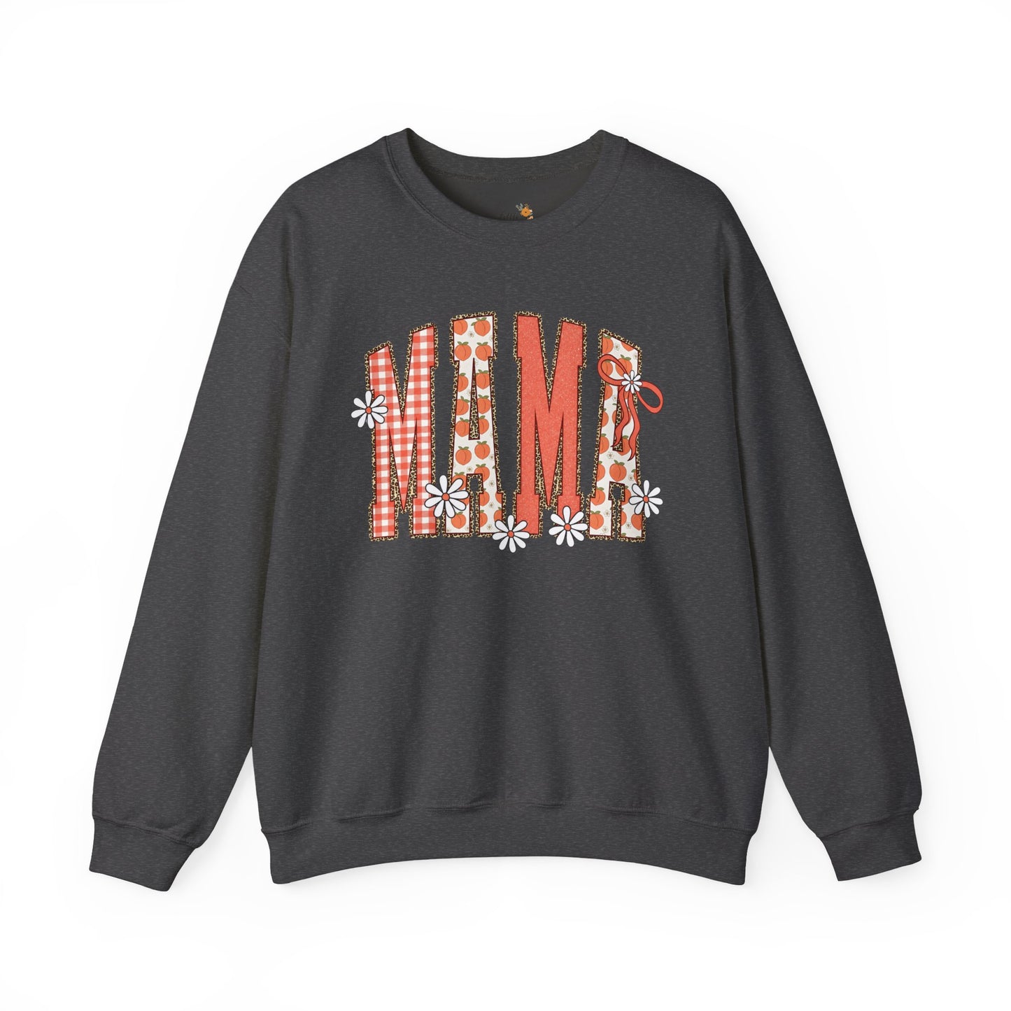 Daisy Peach MAMA Floral Sweatshirt • Spring Graphic Crew • Peach Gingham Mom pullover • Feminine Boutique Everyday Outfit