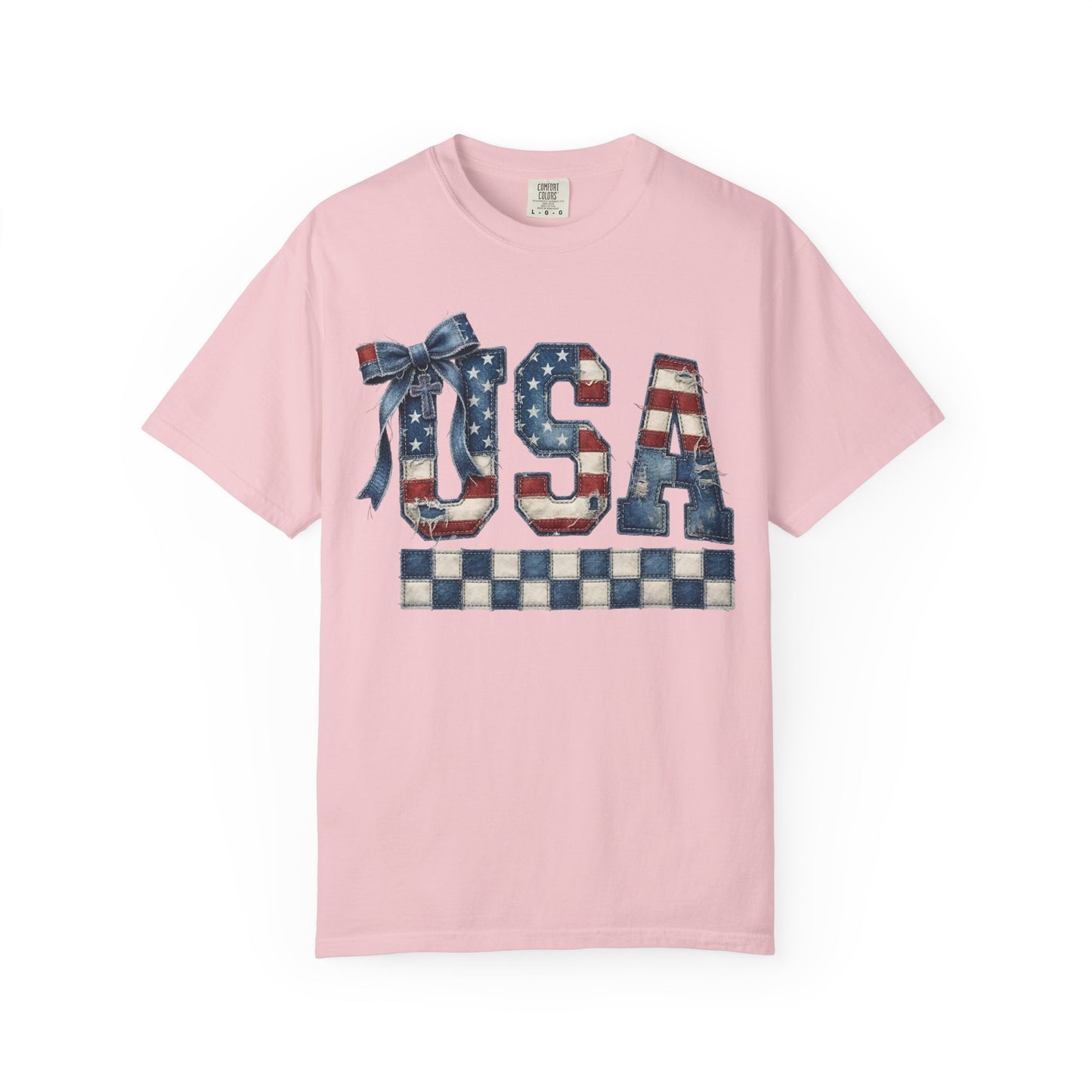 USA Patchwork Denim T-Shirt • Red White Blue Coquette Bow Tee • Americana Graphic Shirt