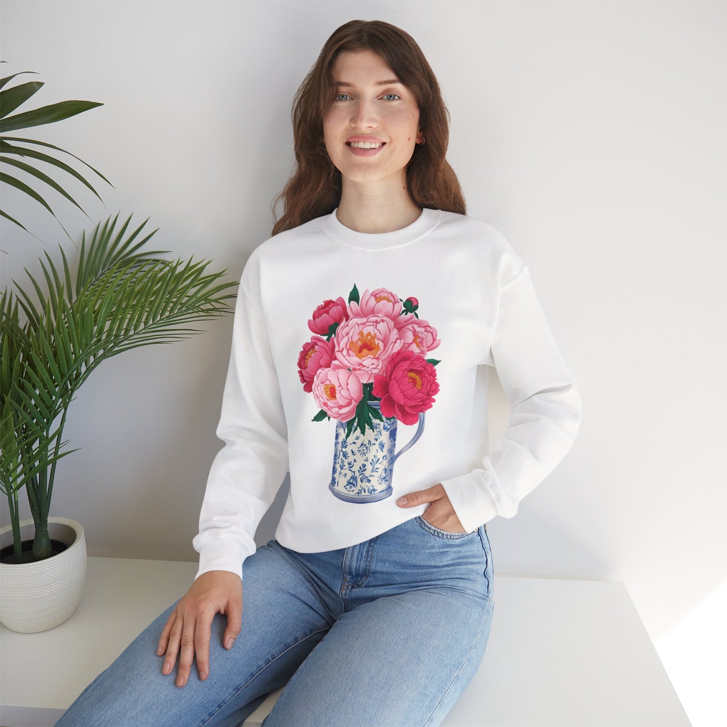 Pink Peonies in Blue Vintage Vase Floral Sweatshirt • Cottagecore Garden Bouquet Crewneck • Botanical Apparel