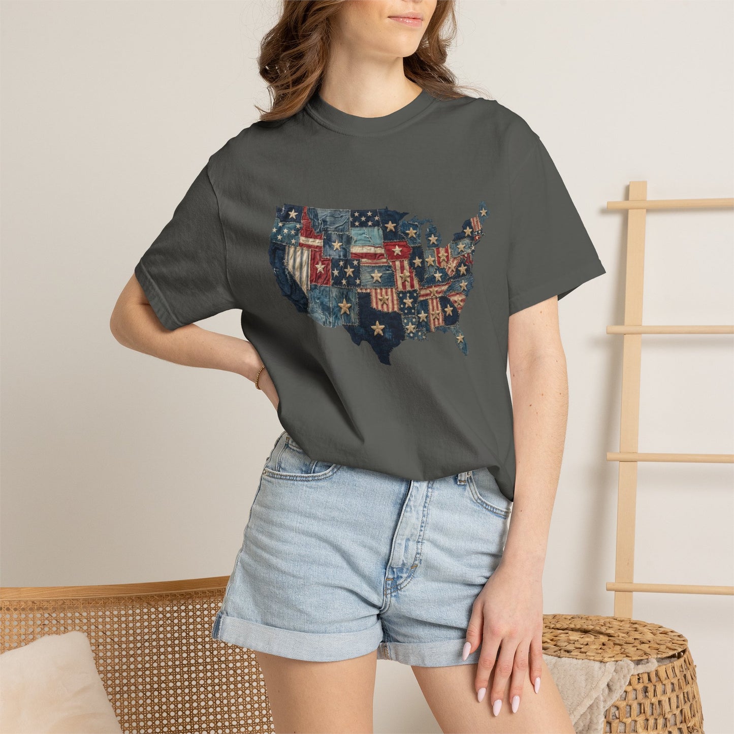 Denim American Flag T-Shirt • USA Patchwork Map Tee • Patriotic Vintage Stars Graphic Shirt