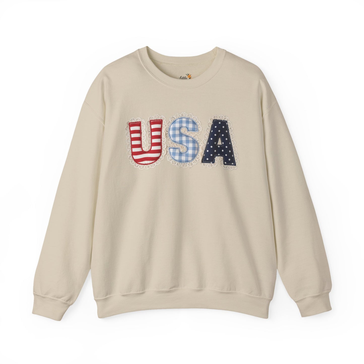 Feux Laced USA Patchwork Sweatshirt • Preppy Patriotic Crewneck • Coquette Americana Sweatshirt • Red White Blue Mama Style