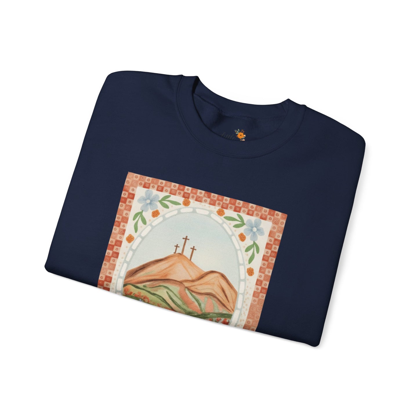 Easter Landscape Faith Sweatshirt (Front Only) • Christian Mountain Cross Crewneck • Floral Resurrection Scene Graphic