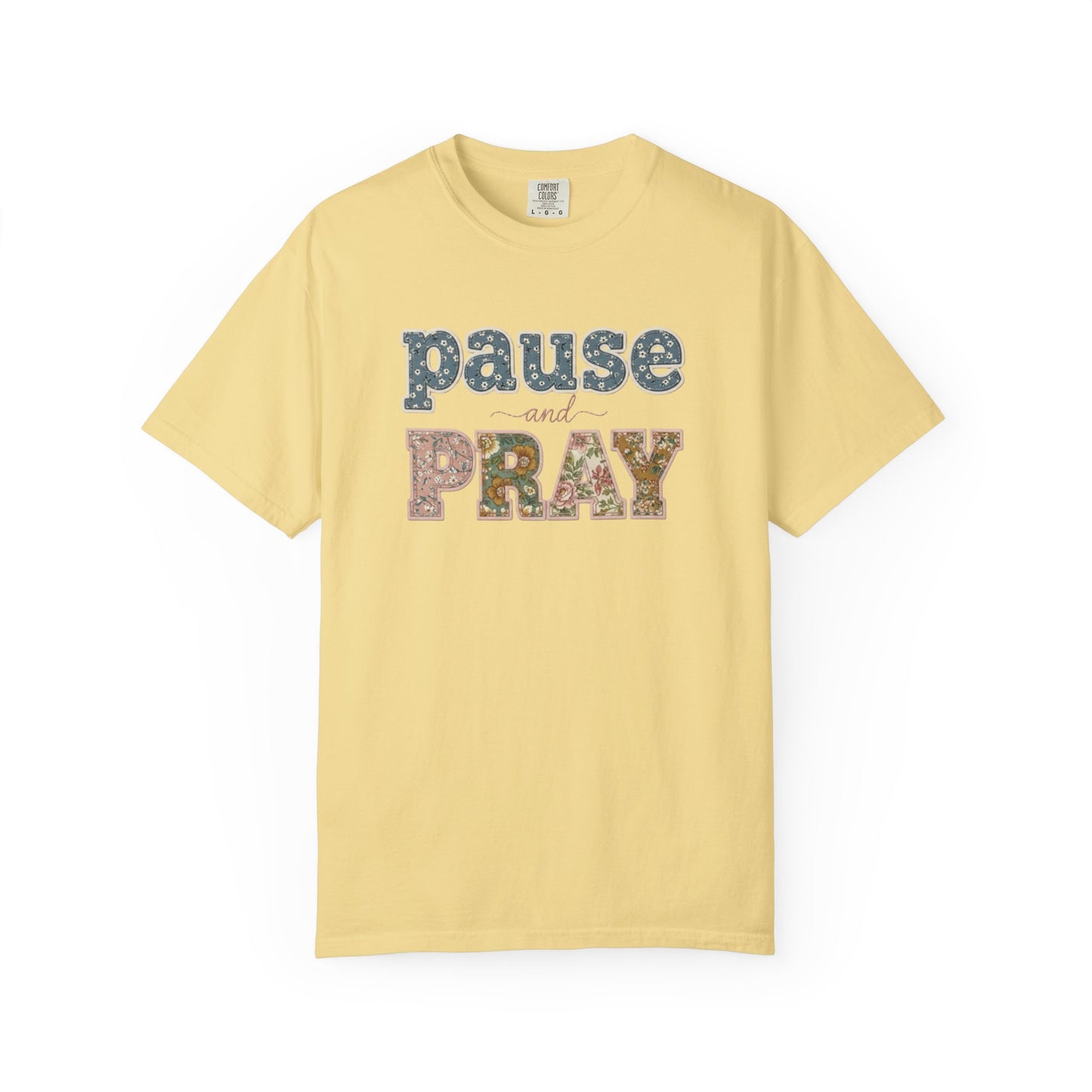 Pause and Pray Feux Patchwork Floral Scripture Tshirt • Vintage Cottagecore Christian Apparel for Women • Feminine Faith Aesthetic Tee