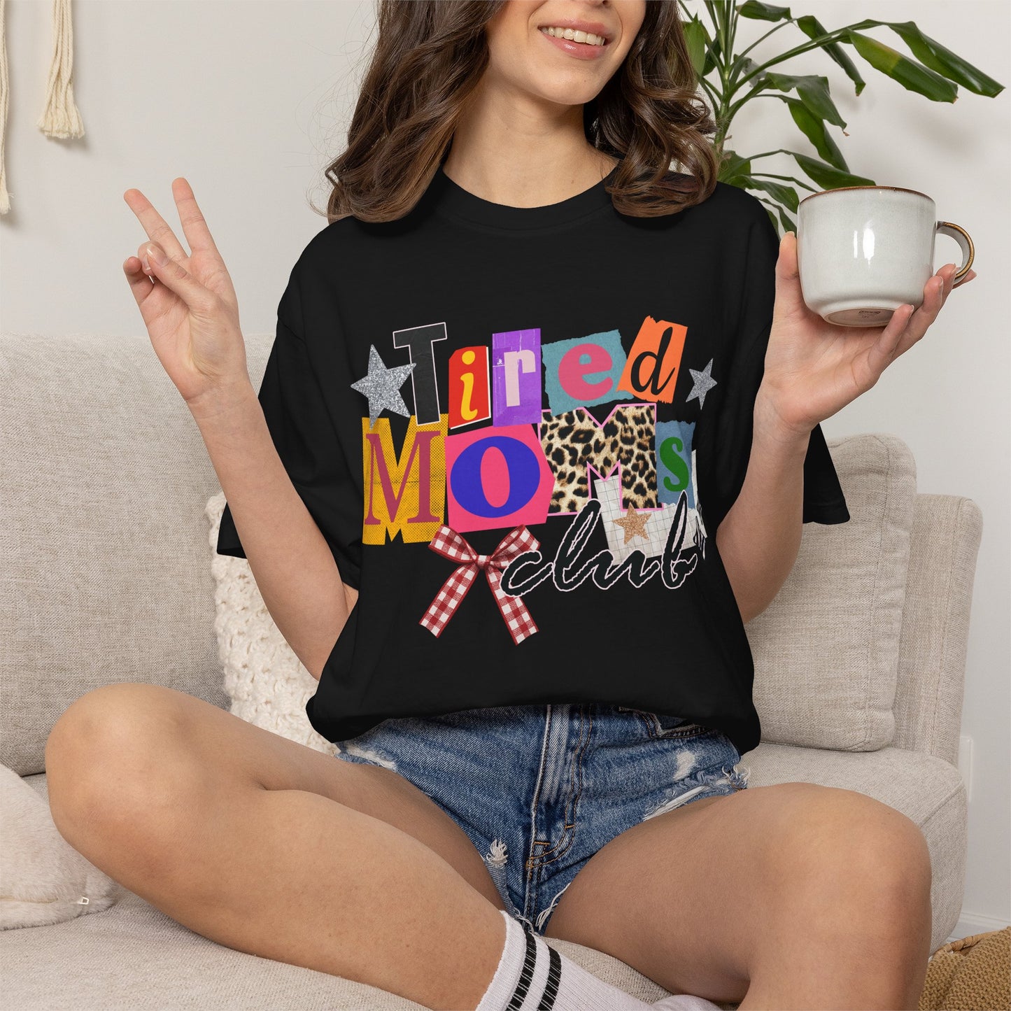 Tired Moms Club Shirt Women • Funny Mom Shirt • Trendy Patchwork Leopard Gingham Graphic Tee • Relatable Mom Outfit
