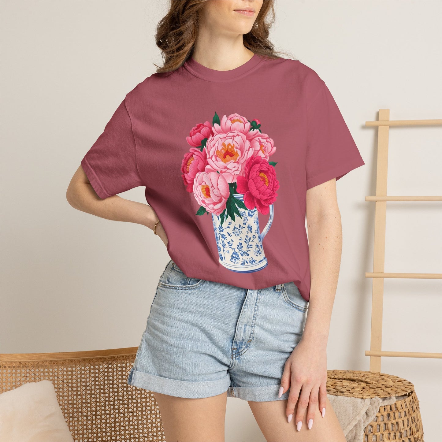 Peony Bouquet T-Shirt — Pink Peony in Vintage White & Blue Floral Vase