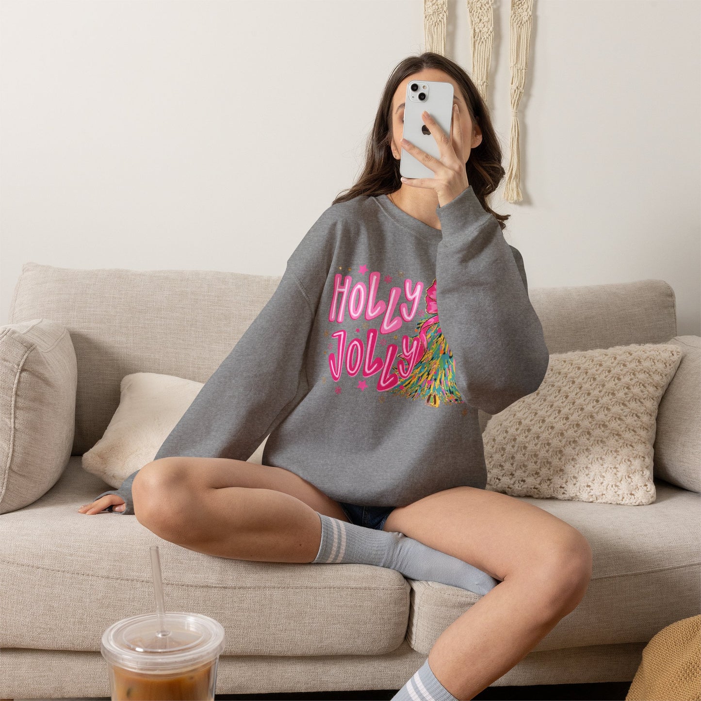 Holly Jolly Pink Christmas Tree Crewneck Sweatshirt