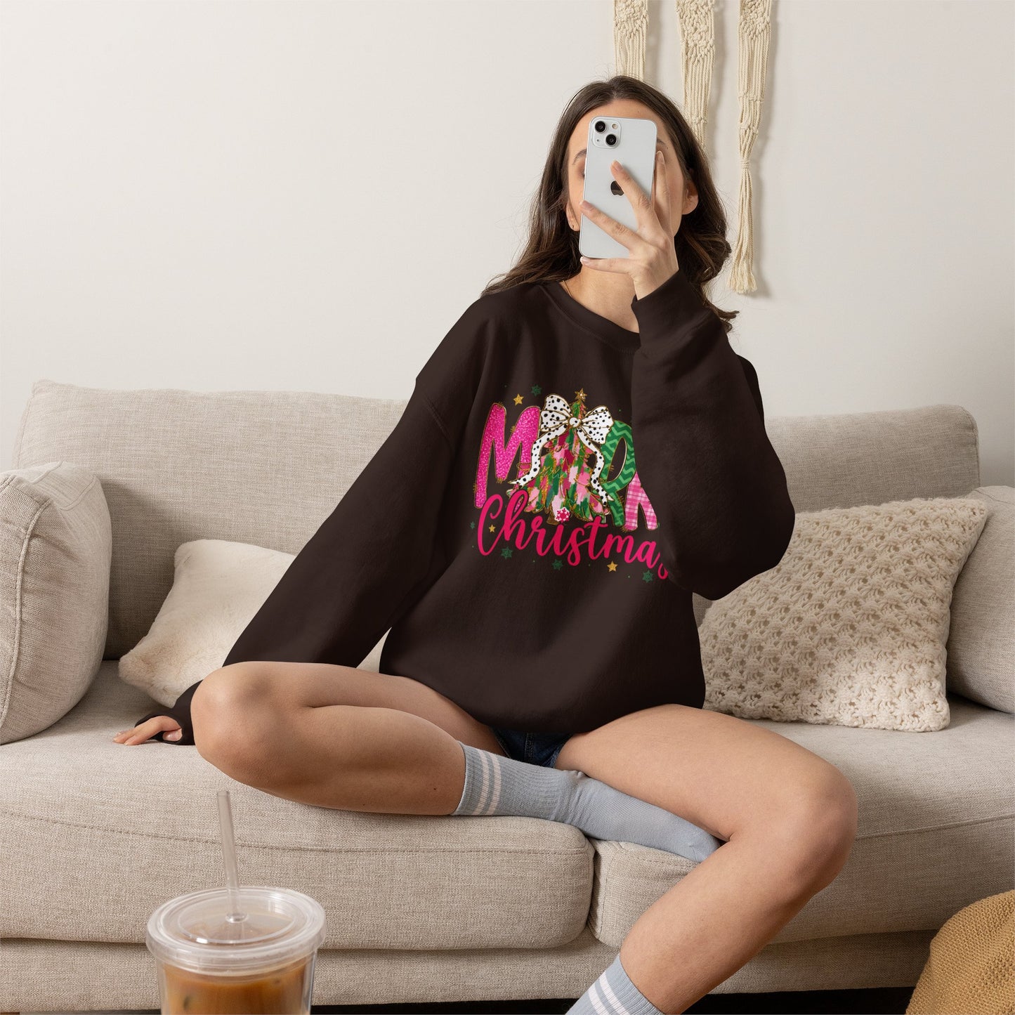 Christmas Crewneck Sweatshirt — 'Merry Christmas' Pink & Green Tree Design