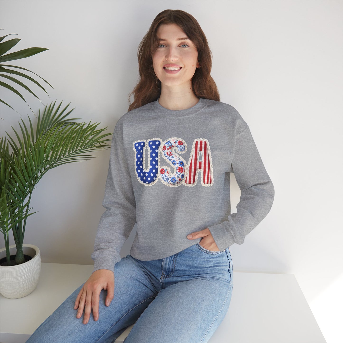 Floral Patchwork USA Crewneck • Preppy Patriotic Sweatshirt • Vintage Americana Gingham Sweatshirt • Cozy Summer Mom Outfit