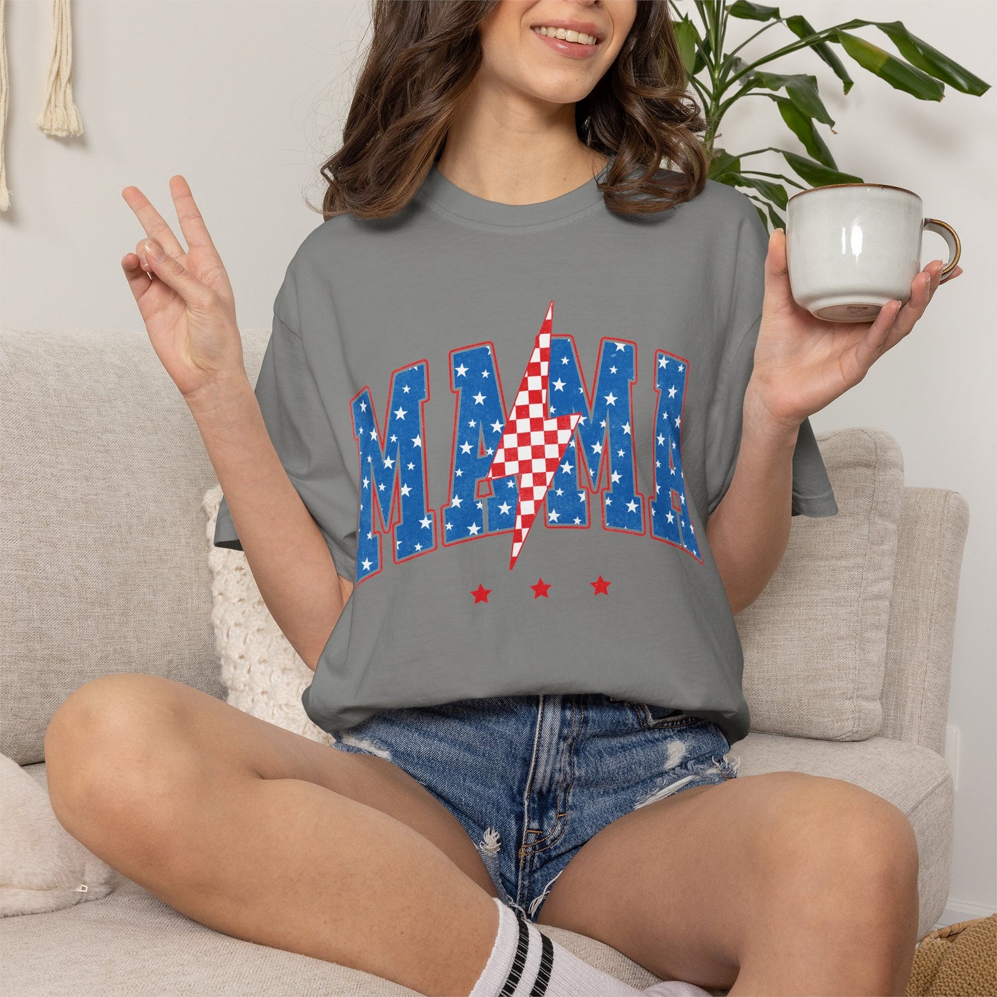 Patriotic MAMA Shirt • Lightning Bolt Mama Tee • Red White Blue Americana Graphic