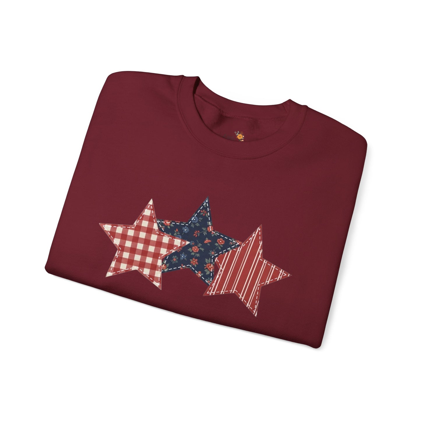 4th of July Patchwork Star Sweatshirt for Summer nights • Floral Gingham Red White Blue USA Crewneck • Patriotic Outfit