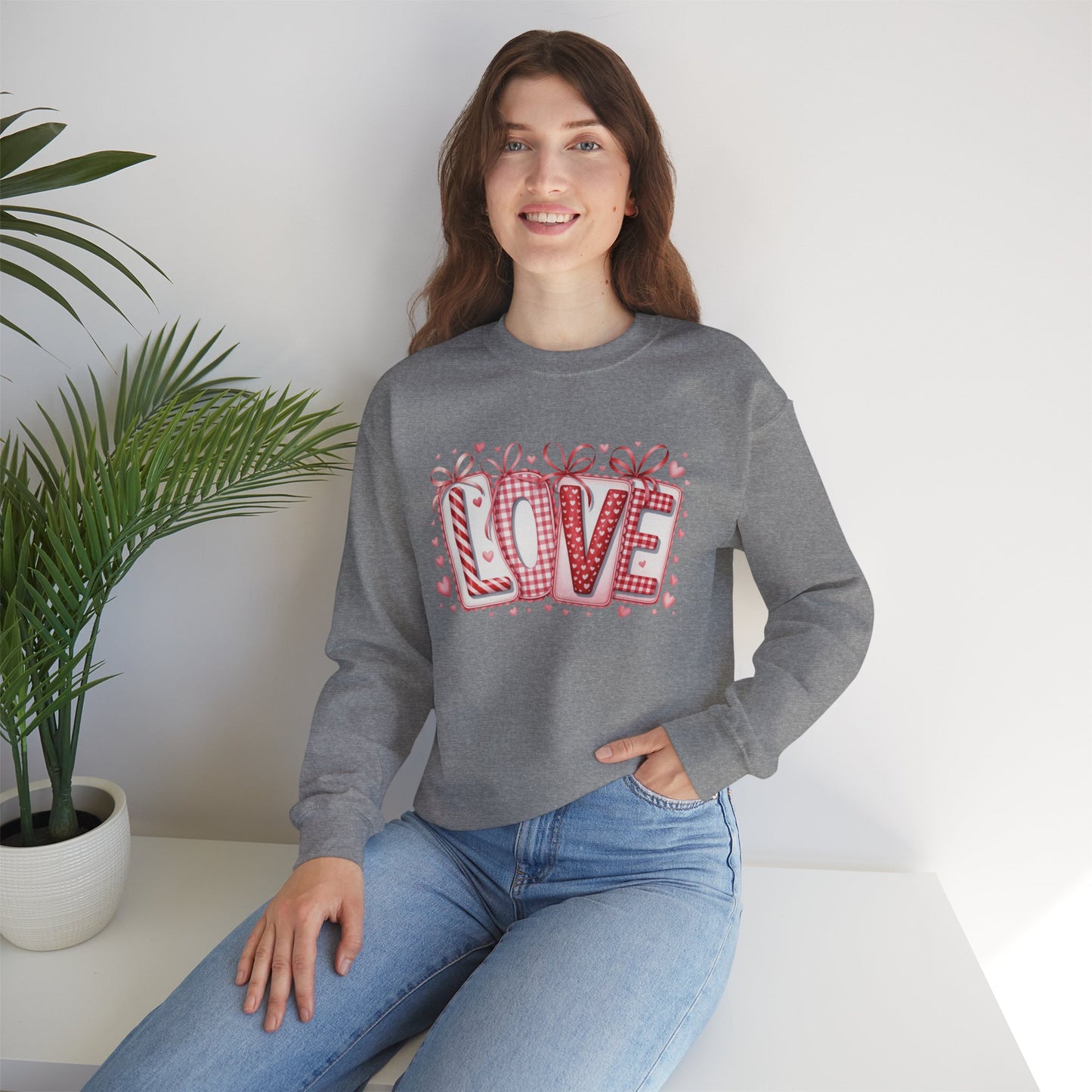 Valentine LOVE Sweatshirt with Coquette Bows and Patchwork Letters • Girly Romantic Aesthetic