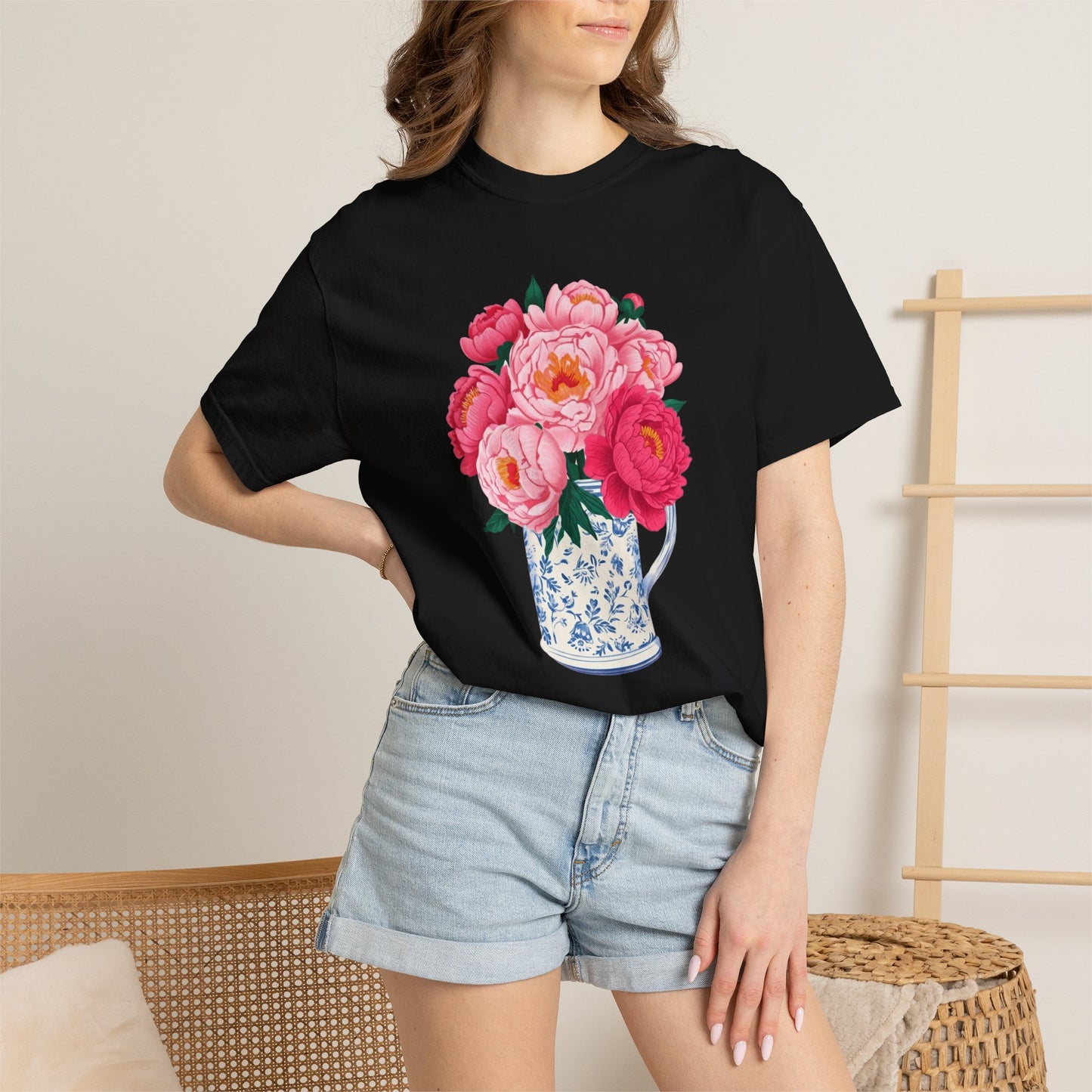 Peony Bouquet T-Shirt — Pink Peony in Vintage White & Blue Floral Vase
