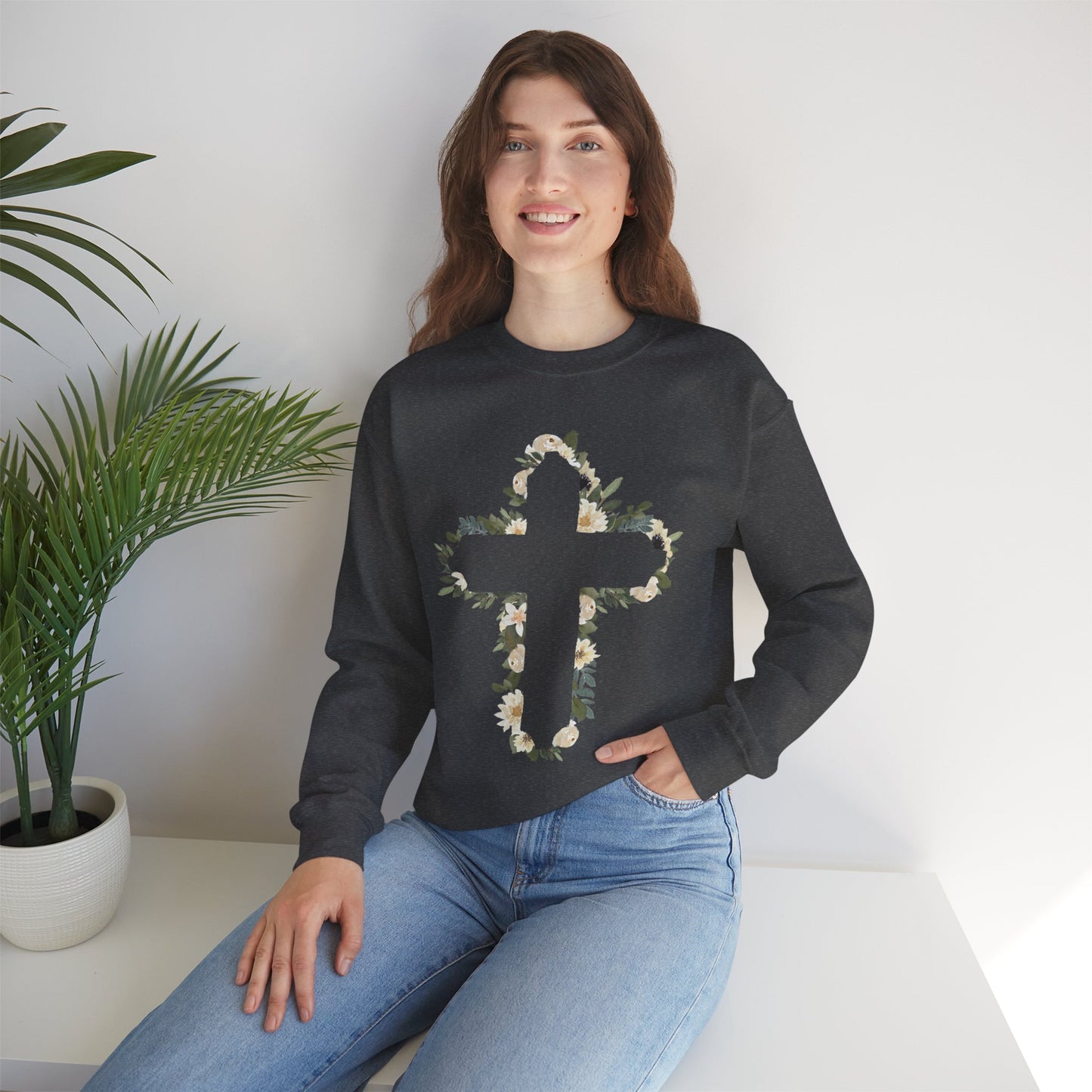 Floral Cross Crewneck Sweatshirt — Christian Faith Floral Pullover