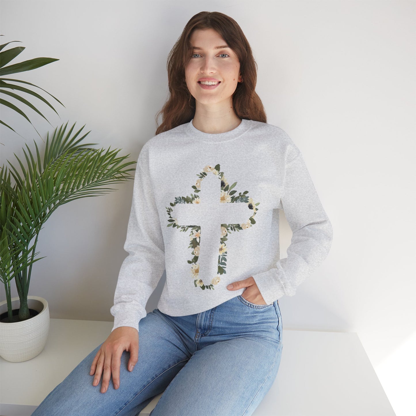 Floral Cross Crewneck Sweatshirt — Christian Faith Floral Pullover