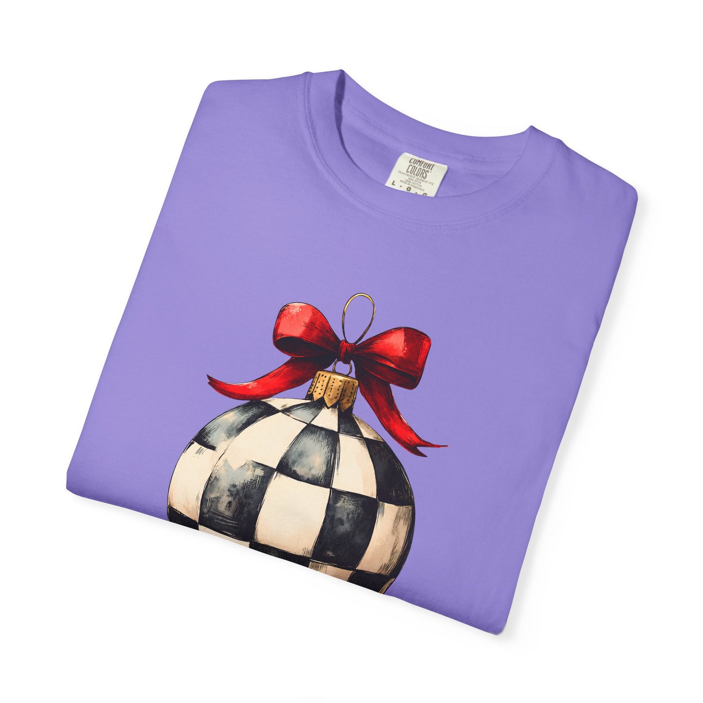 Checkerboard Ornament T-Shirt — Holiday Ball with Red Bow
