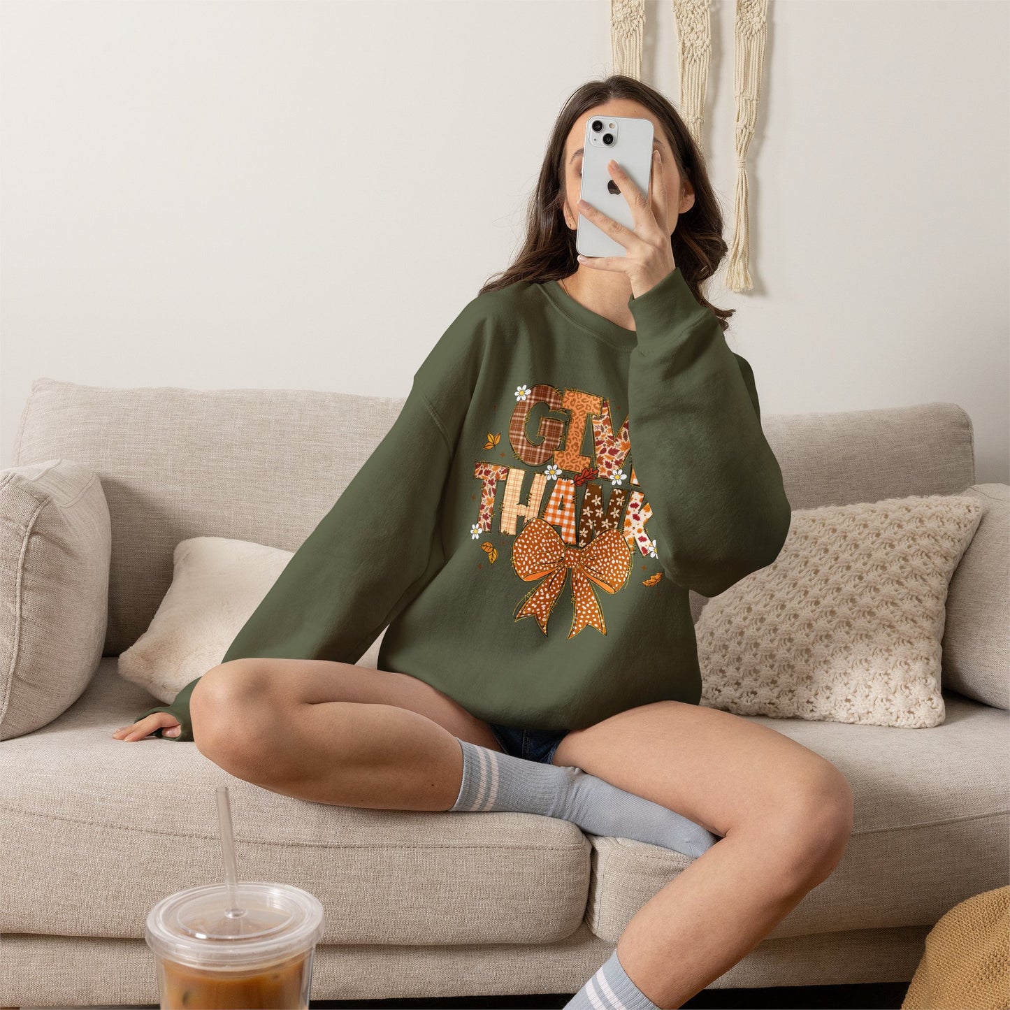Give Thanks Crewneck Sweatshirt — Autumn Plaid Thanksgiving Pullover