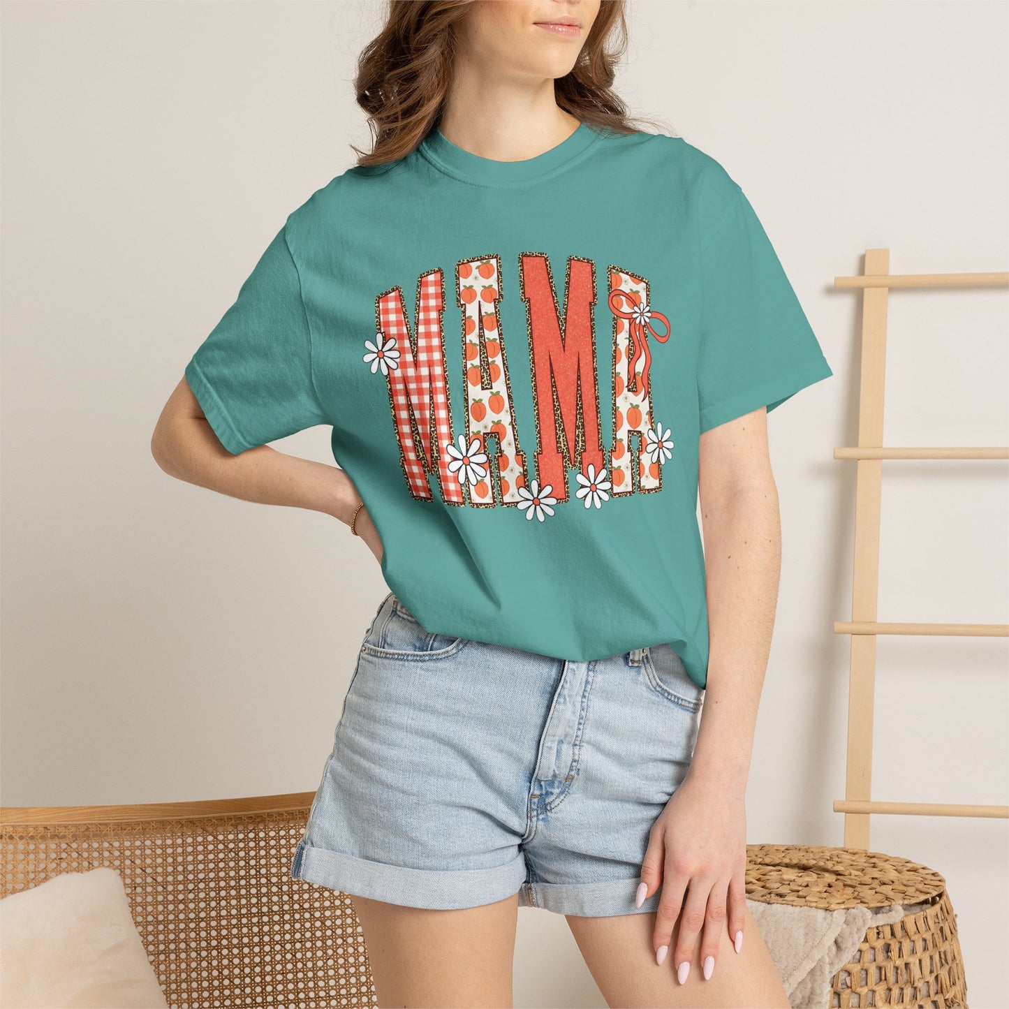 Daisy Peach MAMA Floral Shirt • Spring Graphic Tee • Peach Gingham Mom Shirt • Feminine Boutique Everyday Outfit