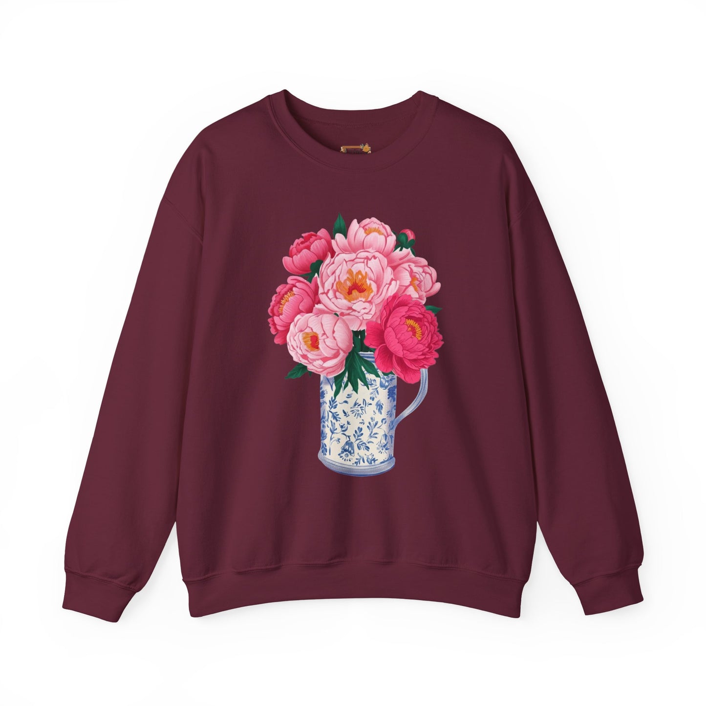 Pink Peonies in Blue Vintage Vase Floral Sweatshirt • Cottagecore Garden Bouquet Crewneck • Botanical Apparel
