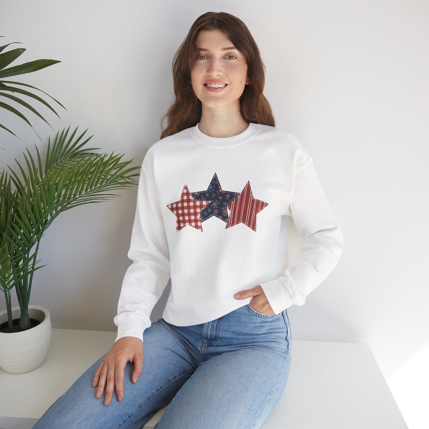 4th of July Patchwork Star Sweatshirt for Summer nights • Floral Gingham Red White Blue USA Crewneck • Patriotic Outfit