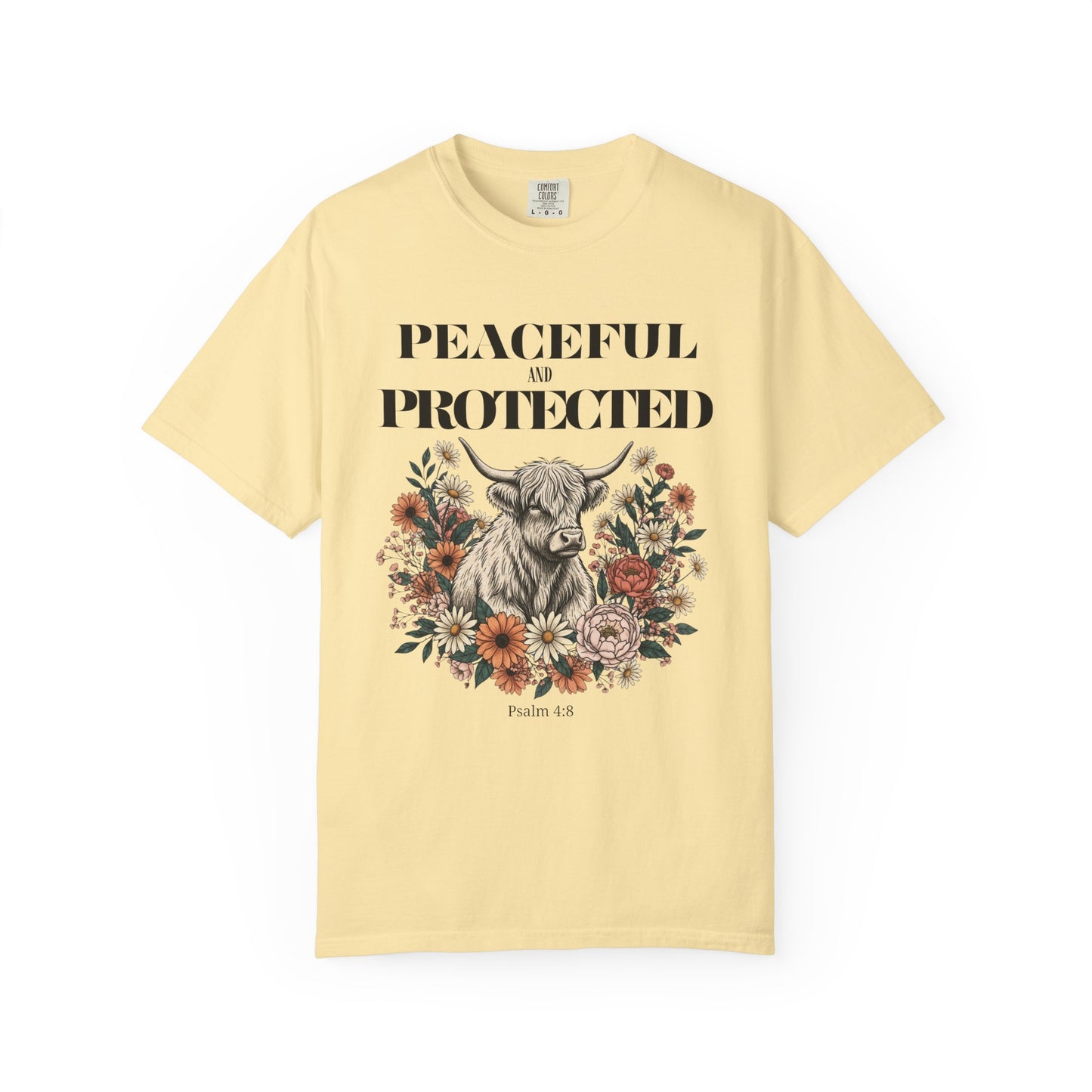 Peaceful and Protected Highland Cow Tee • Psalm 4:8 • Western Floral Faith Shirt