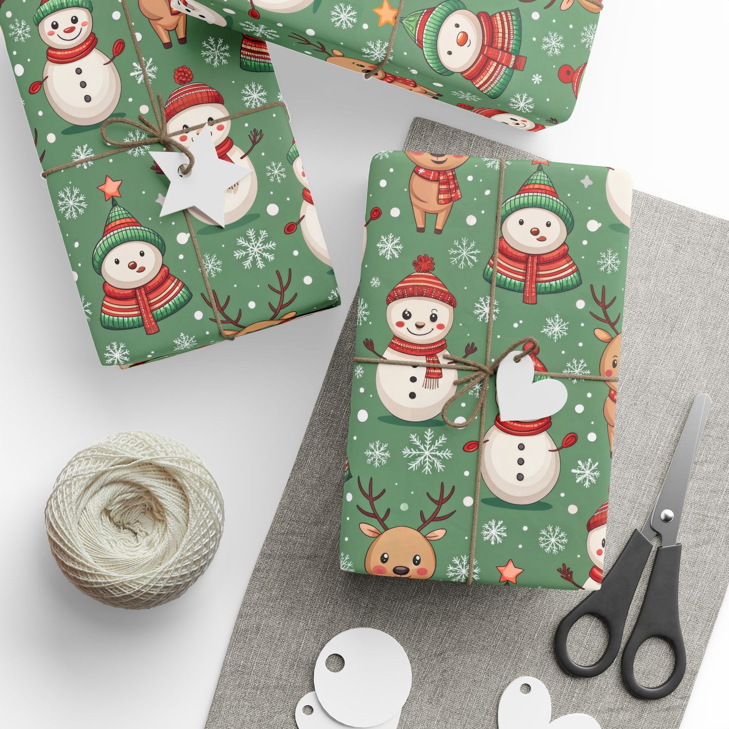 Snowman & Reindeer Christmas Wrapping Paper & Blanket | Cozy Green Winter Pattern | Cute Holiday Gift Wrap | Whimsical Christmas Decor