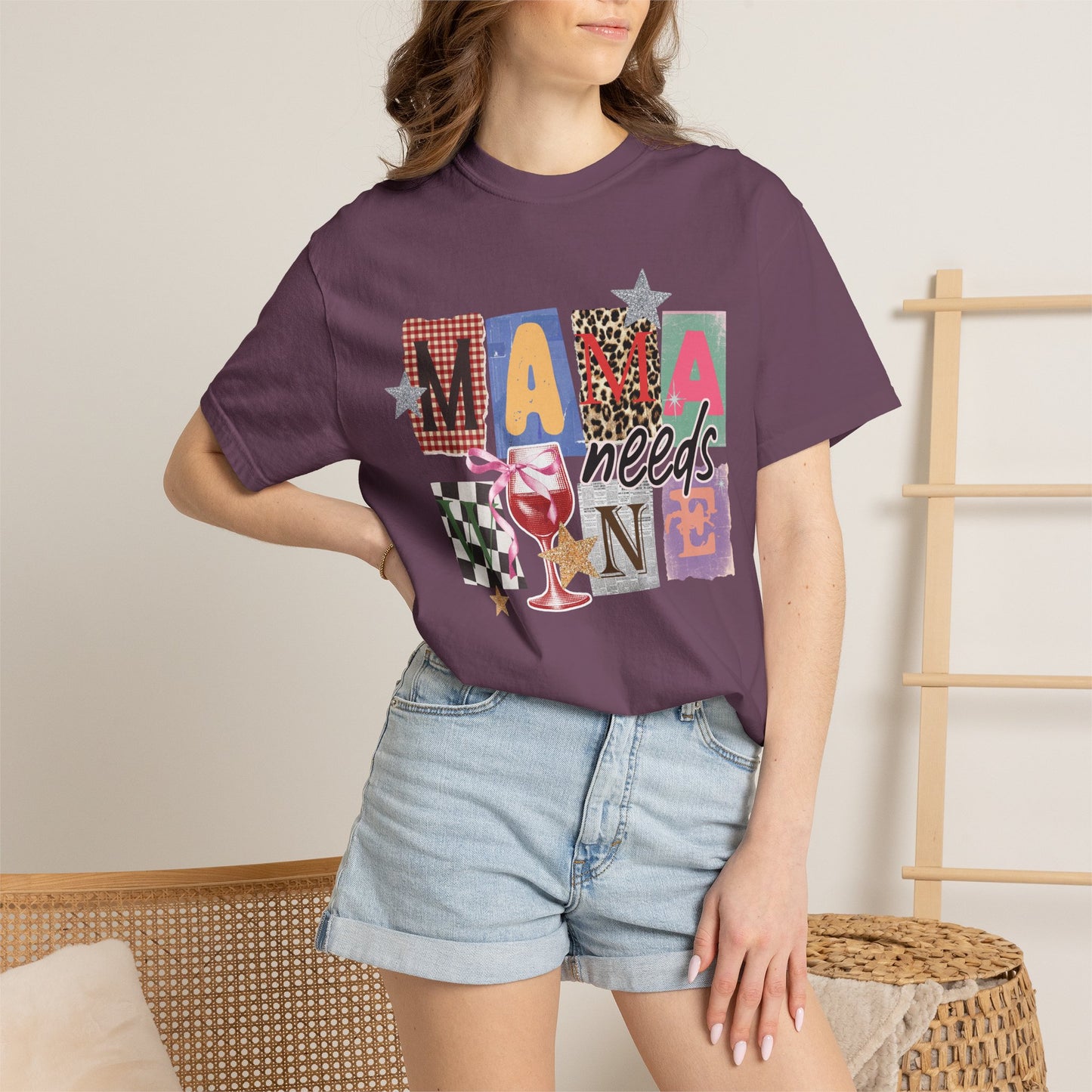 Mama Needs Wine Graphic Tee • Funny Mom Shirt Women • Trendy Patchwork Mixed Print Leopard Gingham Tee • Mom Life Shirt