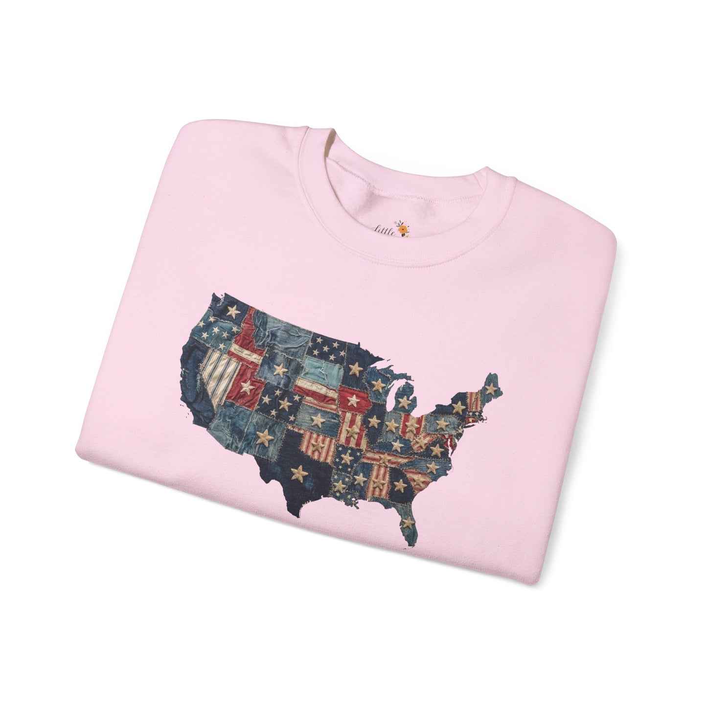 Patchwork American Flag Sweatshirt • USA Denim Map Crewneck • Patriotic Vintage Stars Graphic