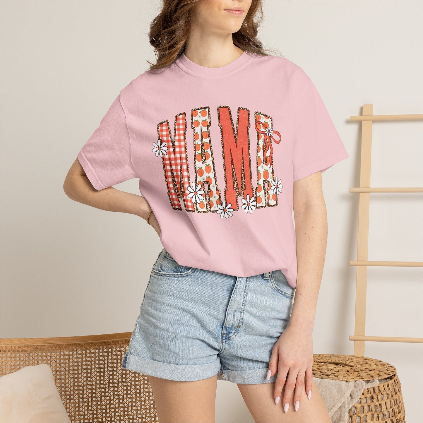 Daisy Peach MAMA Floral Shirt • Spring Graphic Tee • Peach Gingham Mom Shirt • Feminine Boutique Everyday Outfit