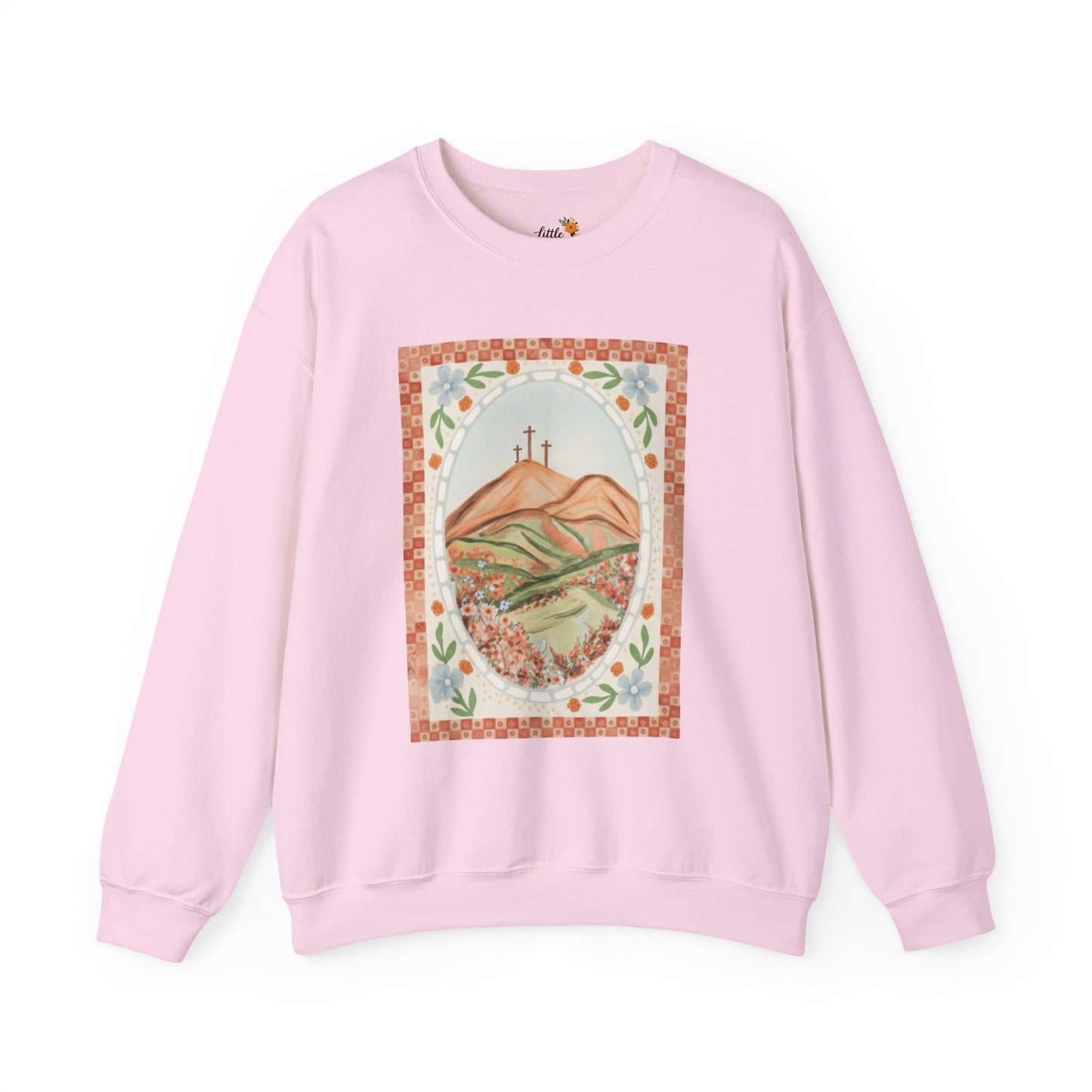 Easter Landscape Faith Sweatshirt (Front Only) • Christian Mountain Cross Crewneck • Floral Resurrection Scene Graphic
